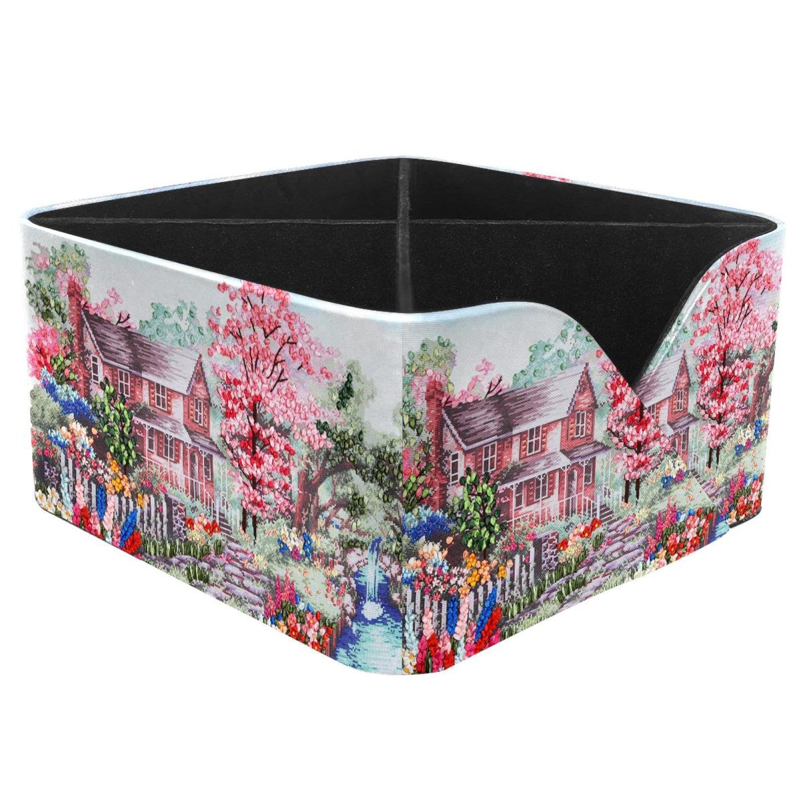 KengjuTesu Floral Town Desktop Organizer Pen Holder, Rectangular Pencil Cup for Office, Study and Makeup Stations