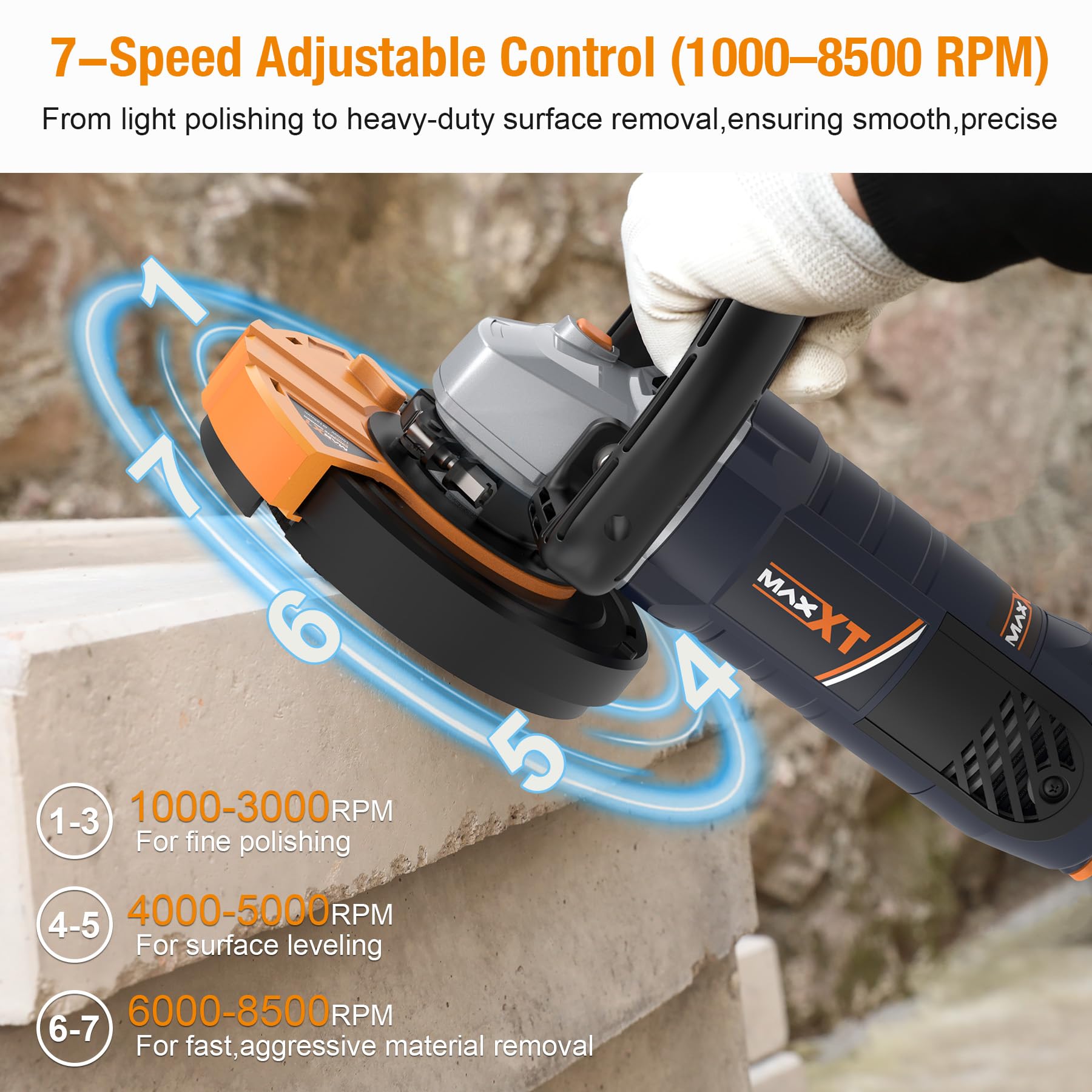 MAXXT Levigatrice per Cemento 1500W – 1000-8500RPM, 7 Velocità Regolabili, Protezione Rimovibile, 2 Dischi Abrasivi al Diamante Inclusi