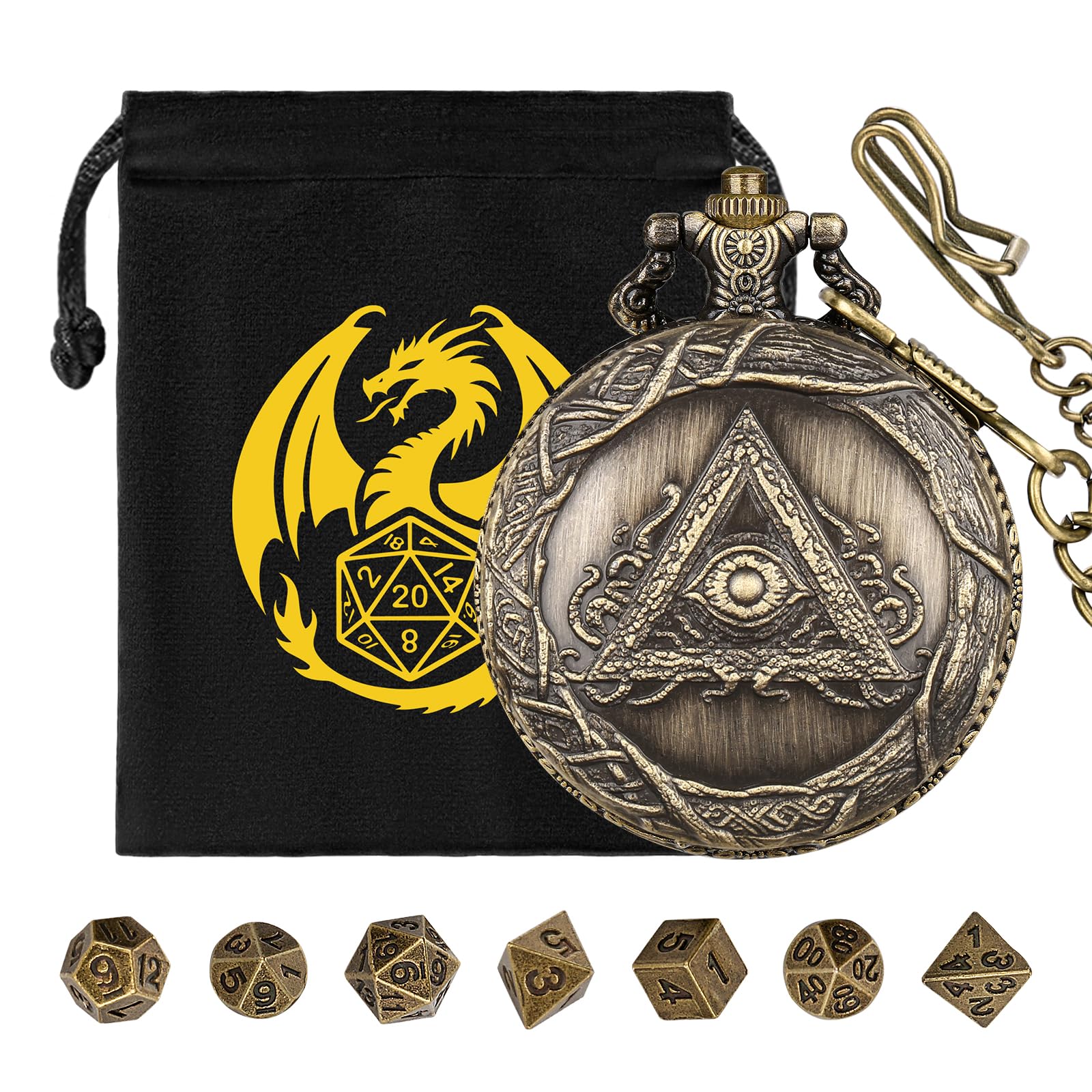 Mini DND Dice Set, with Steampunk Triangular Eye Pocket Watch Shell Case, 7-Piece Polyhedral Metal D&D Dice
