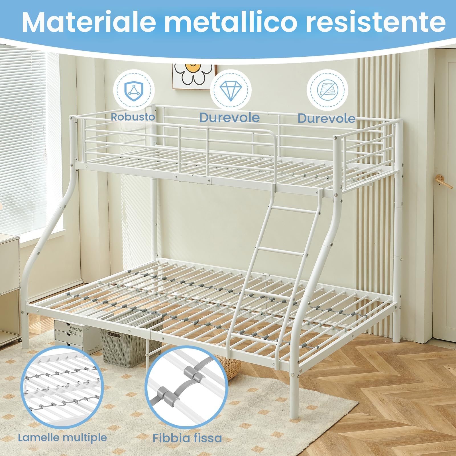 H.J WeDoo Letto a Castello a 3 Posti con Barriera Sponda Anticaduta e Scaletta Letto per Cameretta 200 x 140/90 cm in Metallo - Bianco