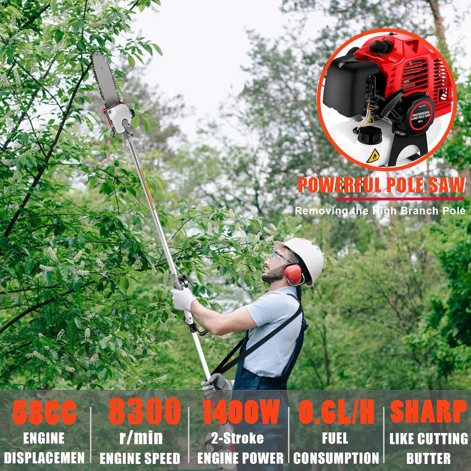 58CC Pole Saw Gas Powered, 2 Cycle Pole Chainsaw Tree Trimmer, 16 FT Extendable Gas Pole Saws for Tree Trimming with 11.5 Inch Cutting Bar for Tree Pruning Branch Cutting
