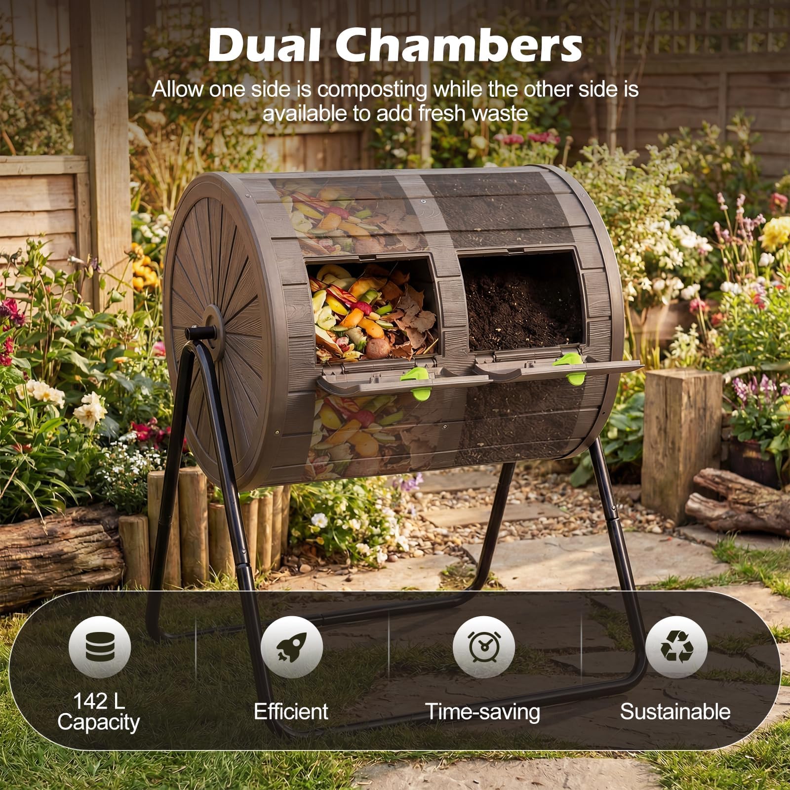 FANTASK 142L Trommelkomposter, 70 x 63 x 92cm, Mobiler Komposter mit 2 abschließbare Türen, Schnellkomposter aus PP & Metall, 360° drehbar, Gartenkomposter für Garten, Balkon (Kaffee)