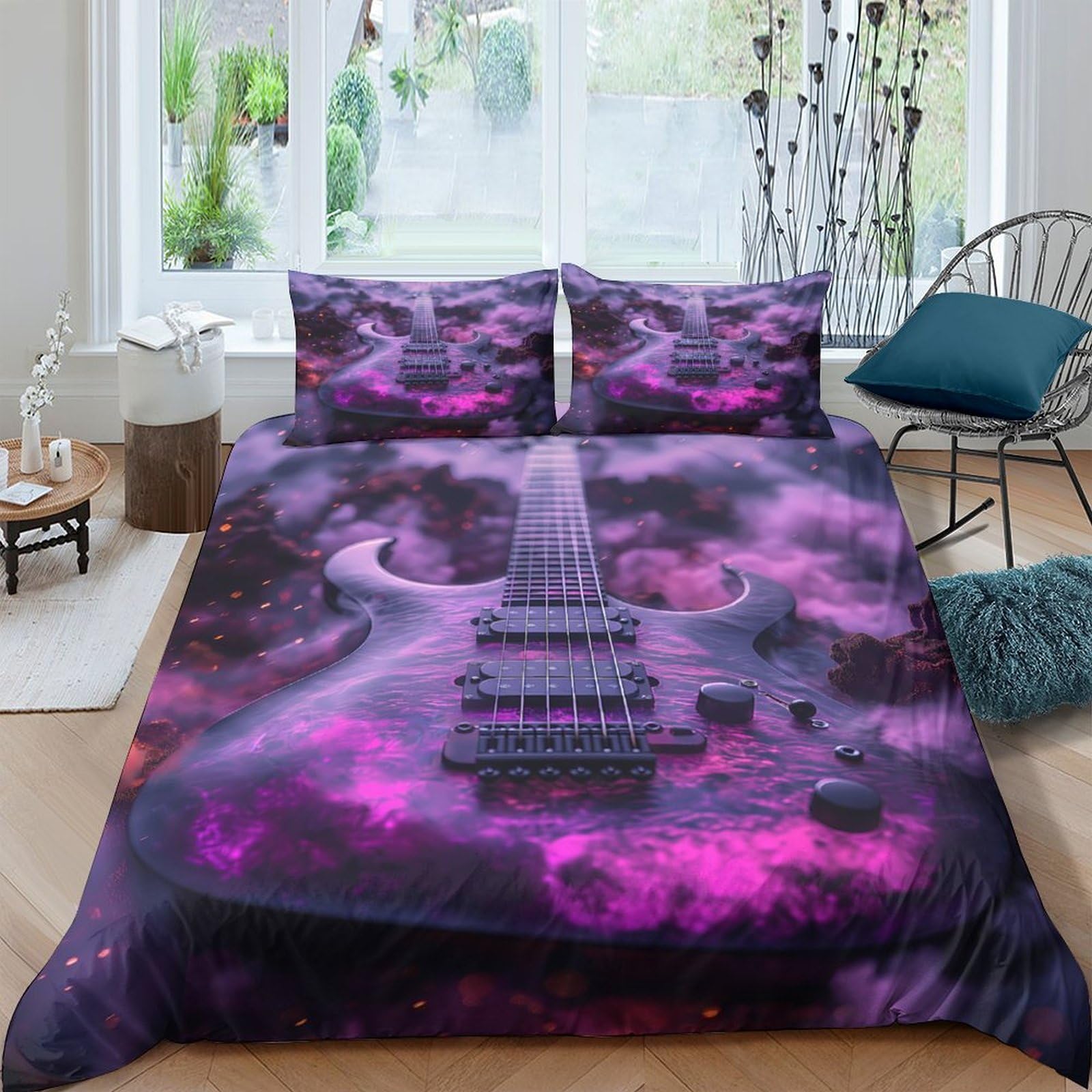 XFKLYNVCJ 3D Printed Electric guitar Bedding Cover Microfiber Fantasy rock style Quilt Cover Hypoallergenic Easy Care for College Dorm Teenagers Student Daily Bedding Use Double（200x200cm）