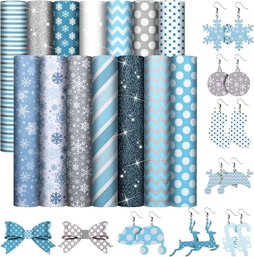 14 hojas de cuero de invierno para Navidad, tela de piel sintética con purpurina, copo de nieve, muñeco de nieve, tela de cuero impresa para hacer