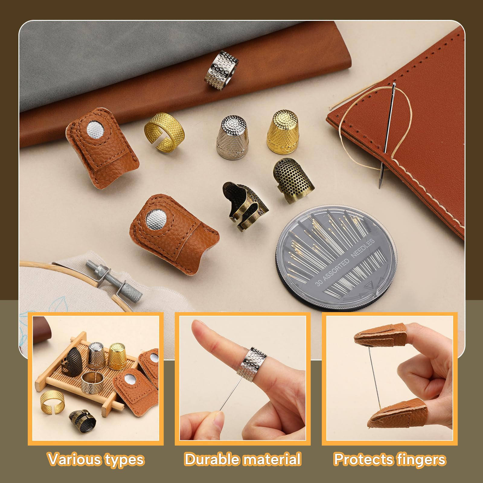 8 Pcs Thimble + 30 Pcs Sewing Needles, Finger Protector Fingertip Adjustable Metal Bronze Rings and Leather Coin Thimble for Needlework, Hand Embroidery Craft