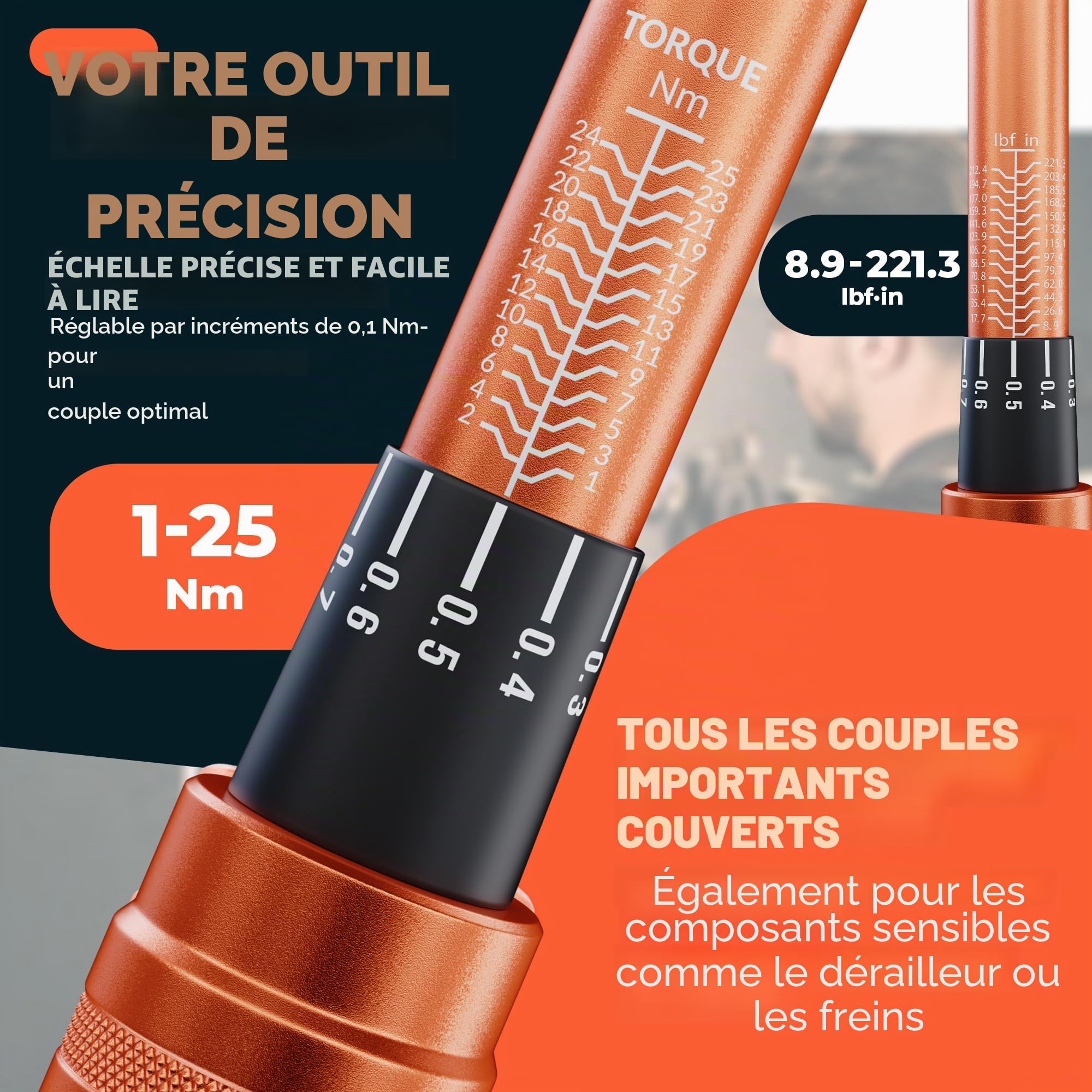 Fortura® Clé Dynamométrique pour Vélo 1-25 Nm 1/4 - Petite Clé Dynamométrique - Jeu de Clés pour Couple Vélo