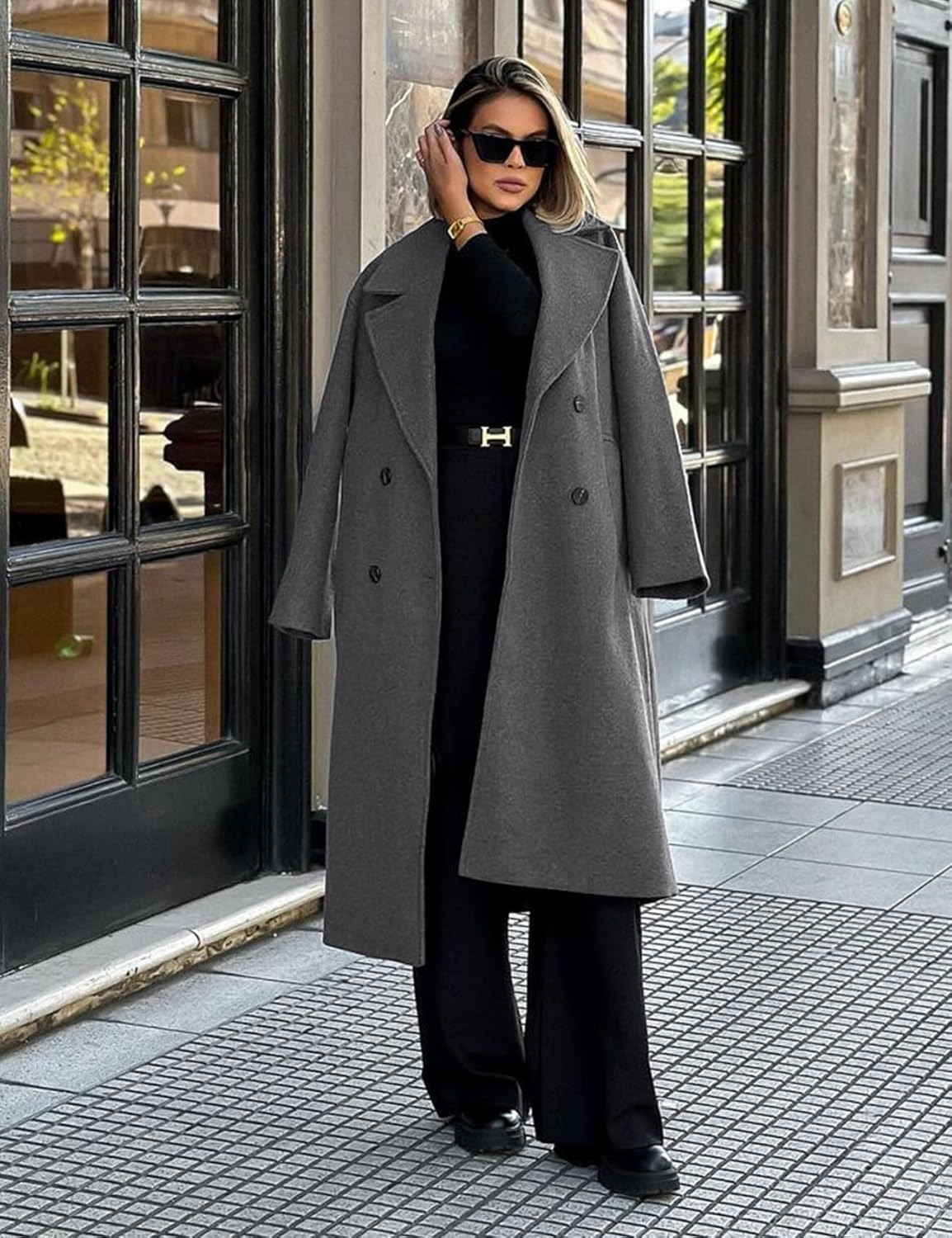 Shiyifa Womens Long Wool Coat Winter Notch Lapel Double Breasted Pea Trench Coat with Pockets - Image 2