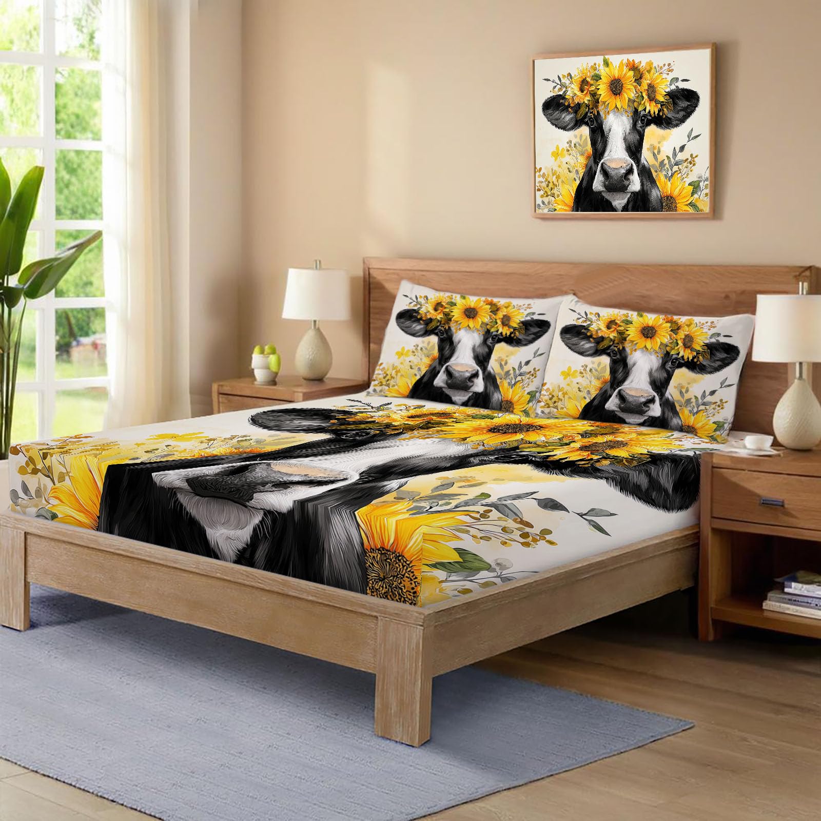 Juego De Sábanas Bajeras De Pintura Al Óleo Vaca, 200X190/200Cm Amarillo Claro, Microfibra Para Niños Niñas Adolescentes, Sábana Bajera Ajustable Elástica Suave, Estampado Girasoles Estilo Campestre