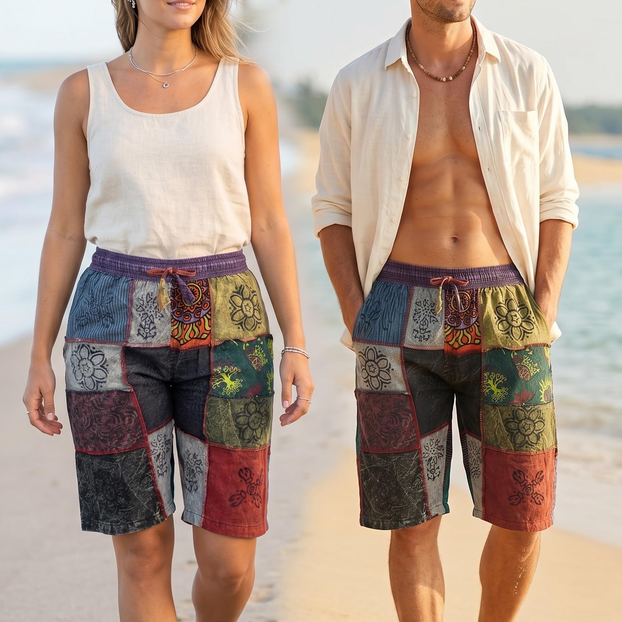 Ezhippie Pantalones cortos hippie unisex de algodón con cordón elástico en la cintura para festivales de verano