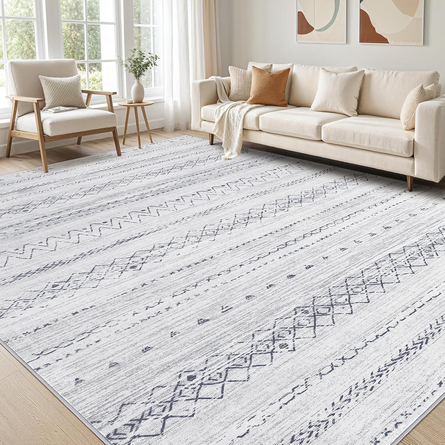 Tapis géométrique blanc gris 100x160cm protection sol salon cuisine salle à manger