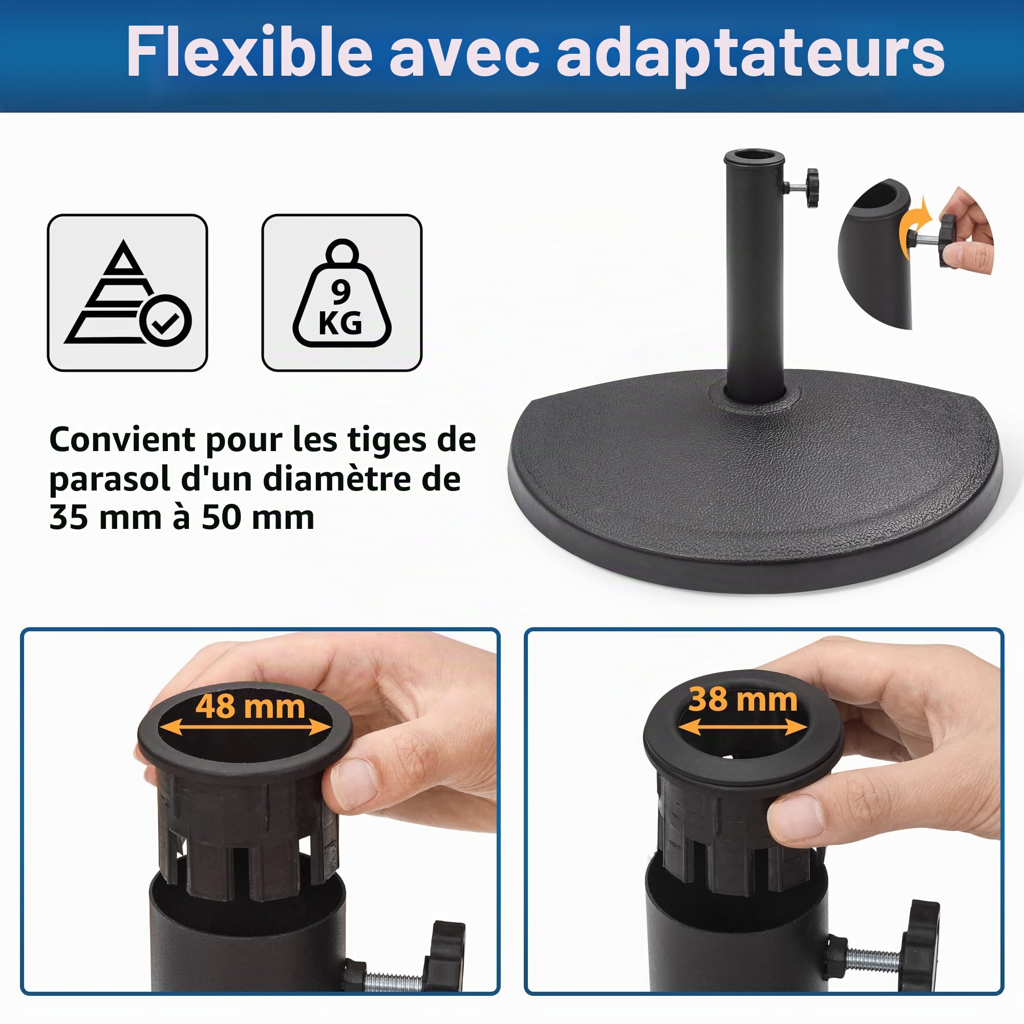 paramondo Pied de Parasol Semi-Circulaire Socle de Parasol résistant aux intempéries Épaisseur de mât 35-50 mm, Adaptateur Inclus, Pied de Balcon 9 kg, Noir