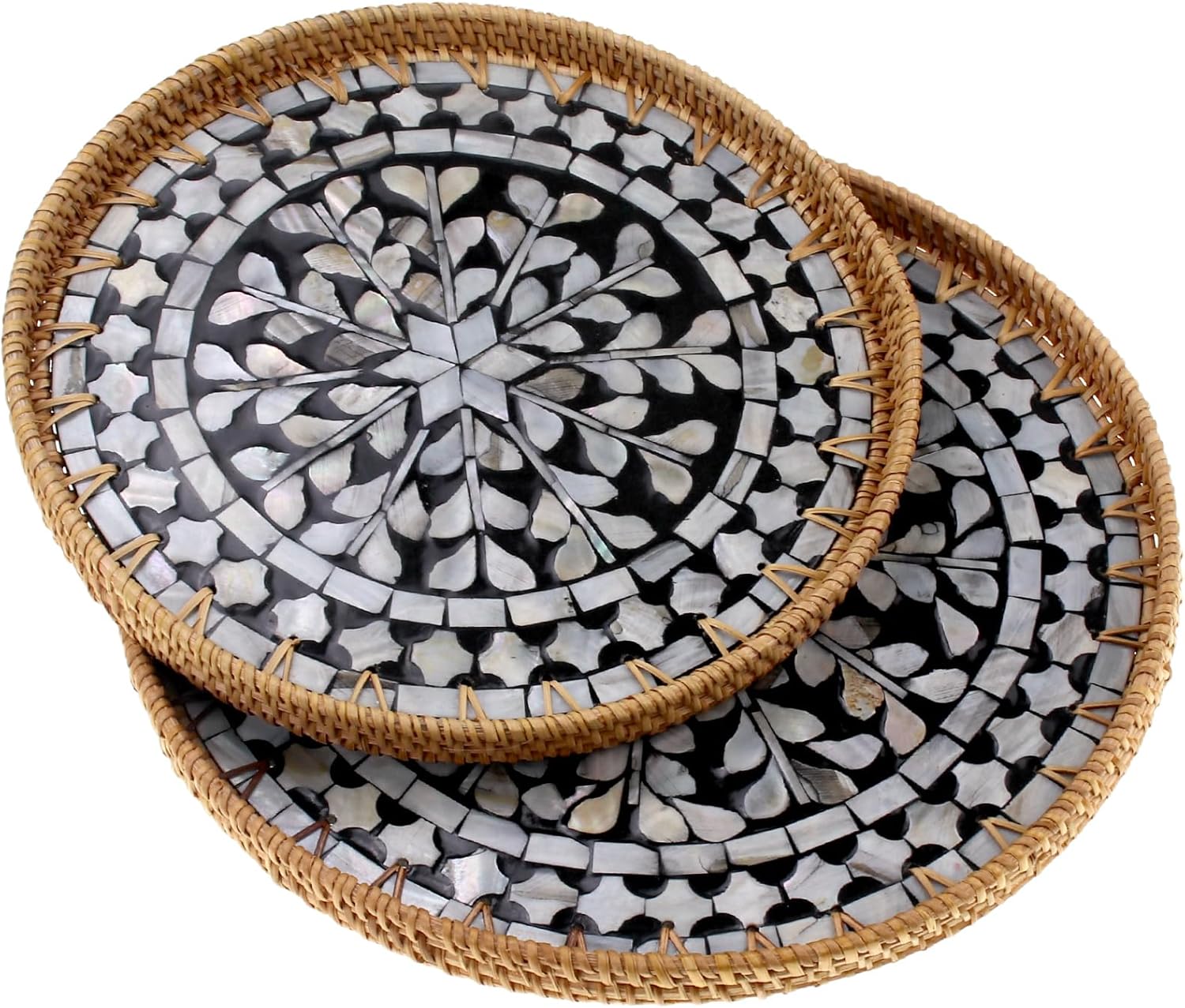 Round Rattan Serving Tray with Mother of Pearl Inlay, Set of 2 Wicker Handwoven Coffee Table Boho Decor Tray Basket for Bread Fruit Food Kitchen Home Office (Geometry Black)