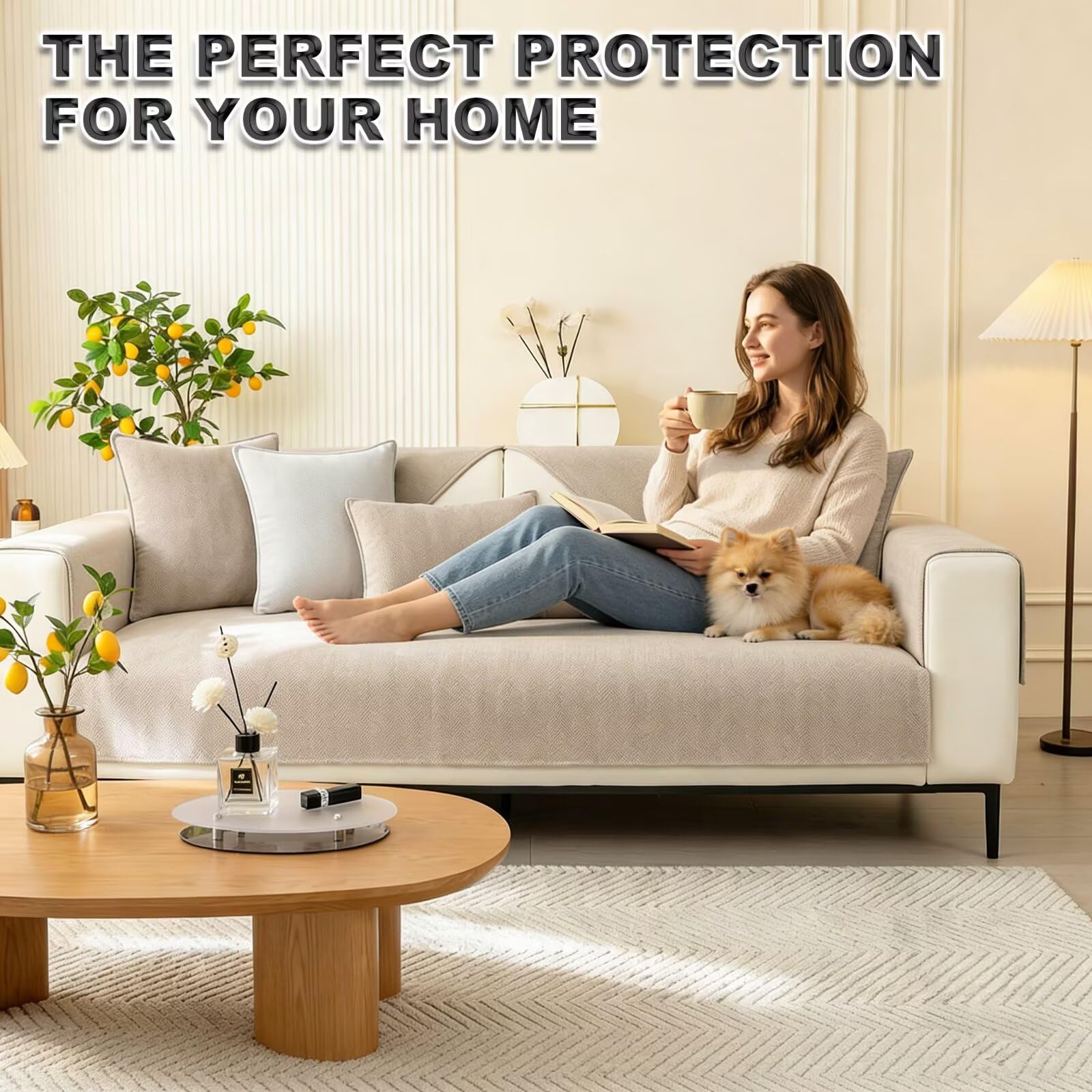 Gluhbirnen Herringbone Chenille Fabric Furniture Protector, Universal Non-Slip L Shape Couch Protector, Funny Sofa Cover, Milk Tea Color, 70 * 70CM — view 7