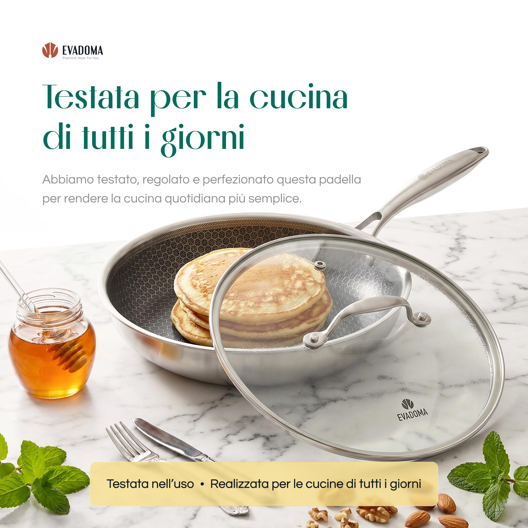 Padella in acciaio inox da 28 cm con coperchio in vetro, padella rivestita a nido d'ape, per tutti i tipi di piani cottura, inclusa induzione, padella antiaderente priva di PFOA, adatta per