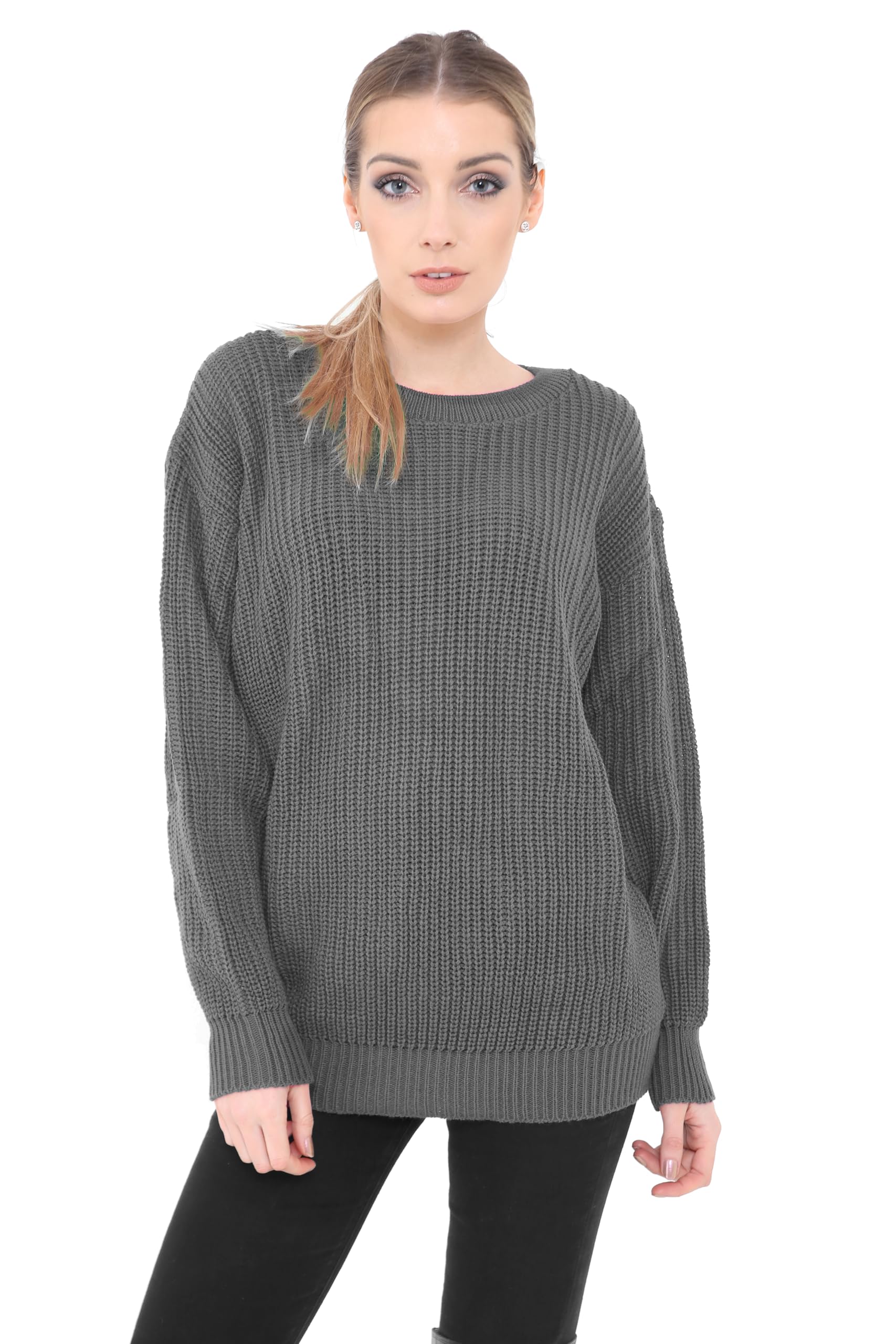 Generation Fashion New Ladies Women Oversized Long Sleeve Knitted Baggy Jumper Sweater Crew Neck Pullover Top[Charcoal Grey,LXL]