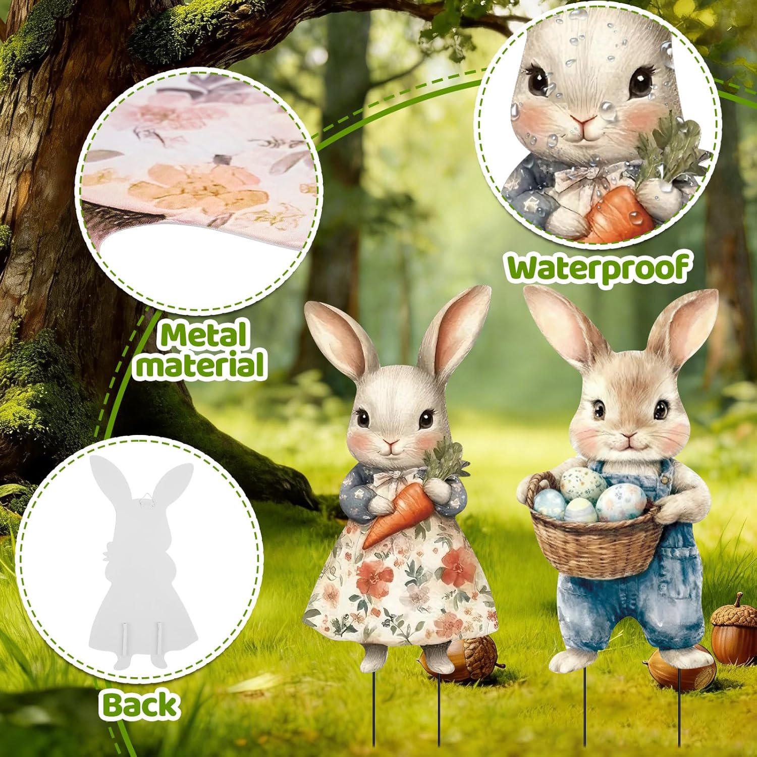 2 Pcs Easter Metal Vintage Bunny Yard Signs, Retro Bunny Couple Easter Decorations Outdoor, Farmhouse Rustic Rabbit Hanging Wall Decor with Carrot Eggs for Home Family Outside Spring Patio