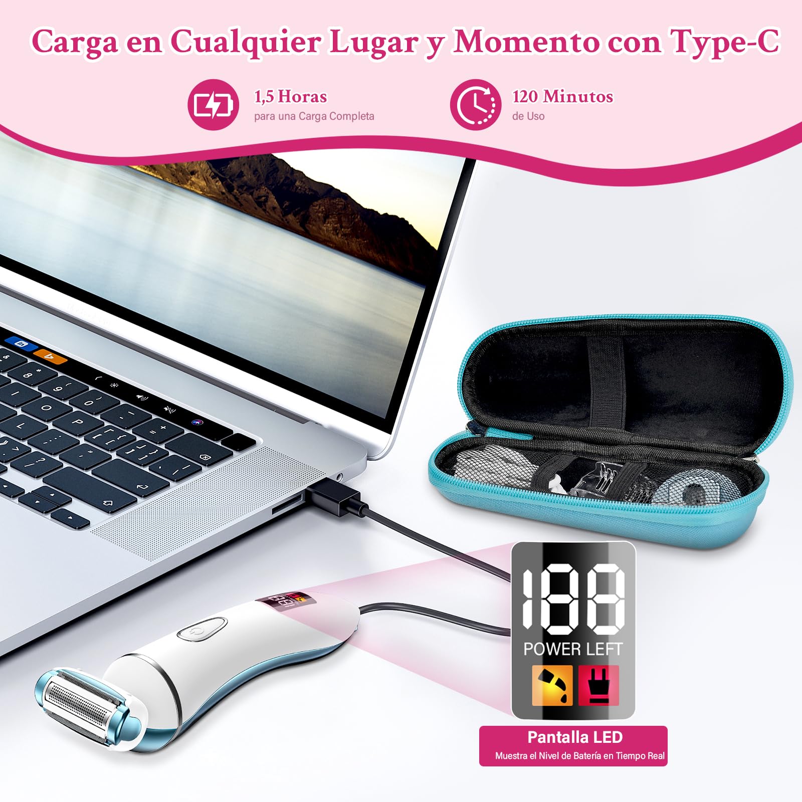 Ruycllo Afeitadora Eléctrica Mujer 2 en 1, Rasuradora Íntima Mujer y Recortadora Bikini IPX7 Impermeable con Pantalla LED, Afeitadora Mujer para Piernas, Axilas y Zona Íntima con Estuche — view 6