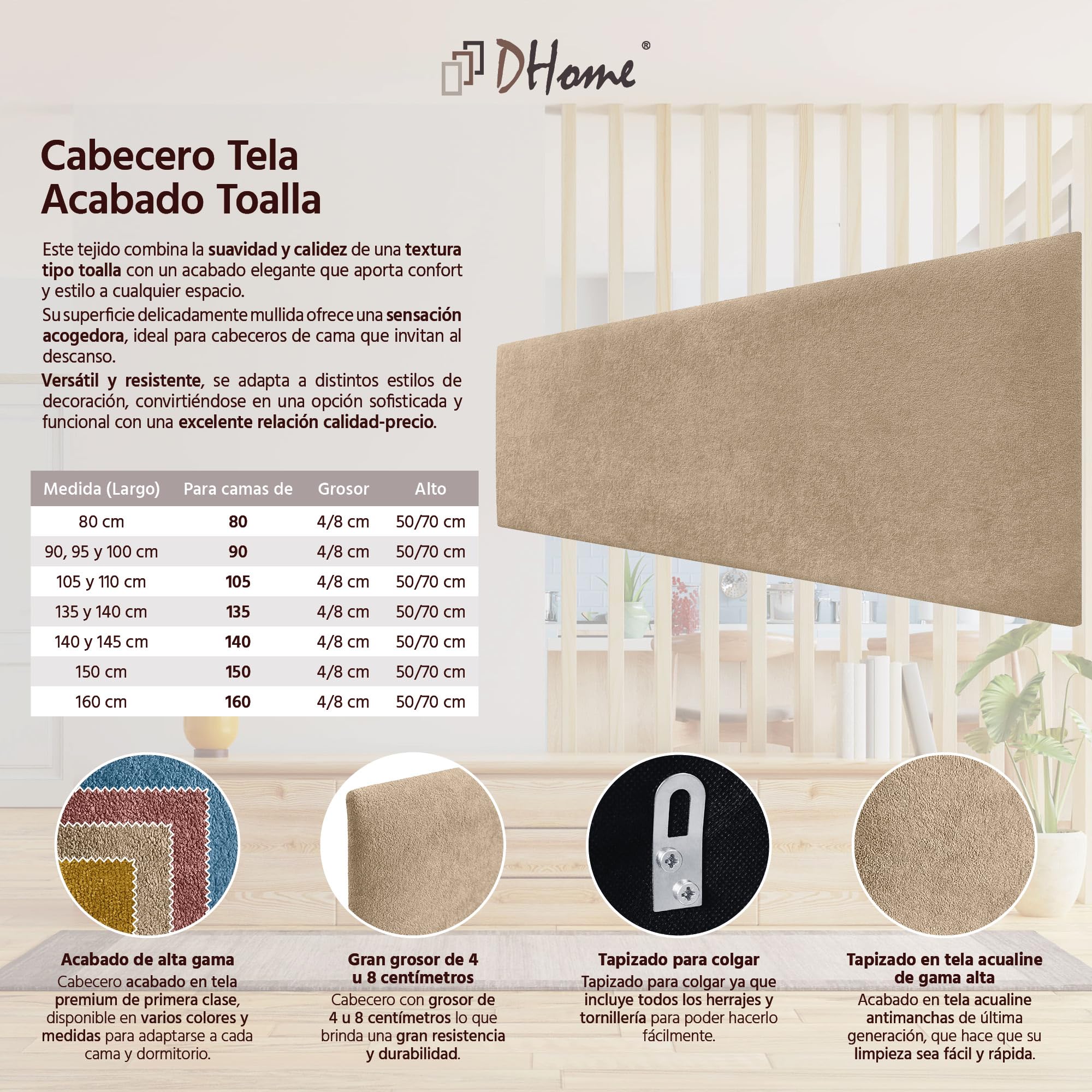 DHOME Tête de Lit Finition Serviette Soft Revêtement Uni Tissu Doux pour Mur Acoustique Têtes de Lit Absorbantes Tête de Lit Chambre à Coucher (160cm, 8cm - 70 H., Terre)