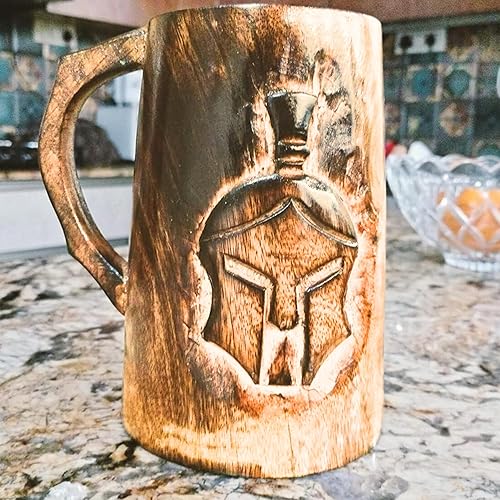 Miniatura 4 de collectiblesBuy Jarra de cerveza de madera hecha a mano de estilo clásico con diseño de casco Spartan 300, taza tallada a mano antigua jarra de