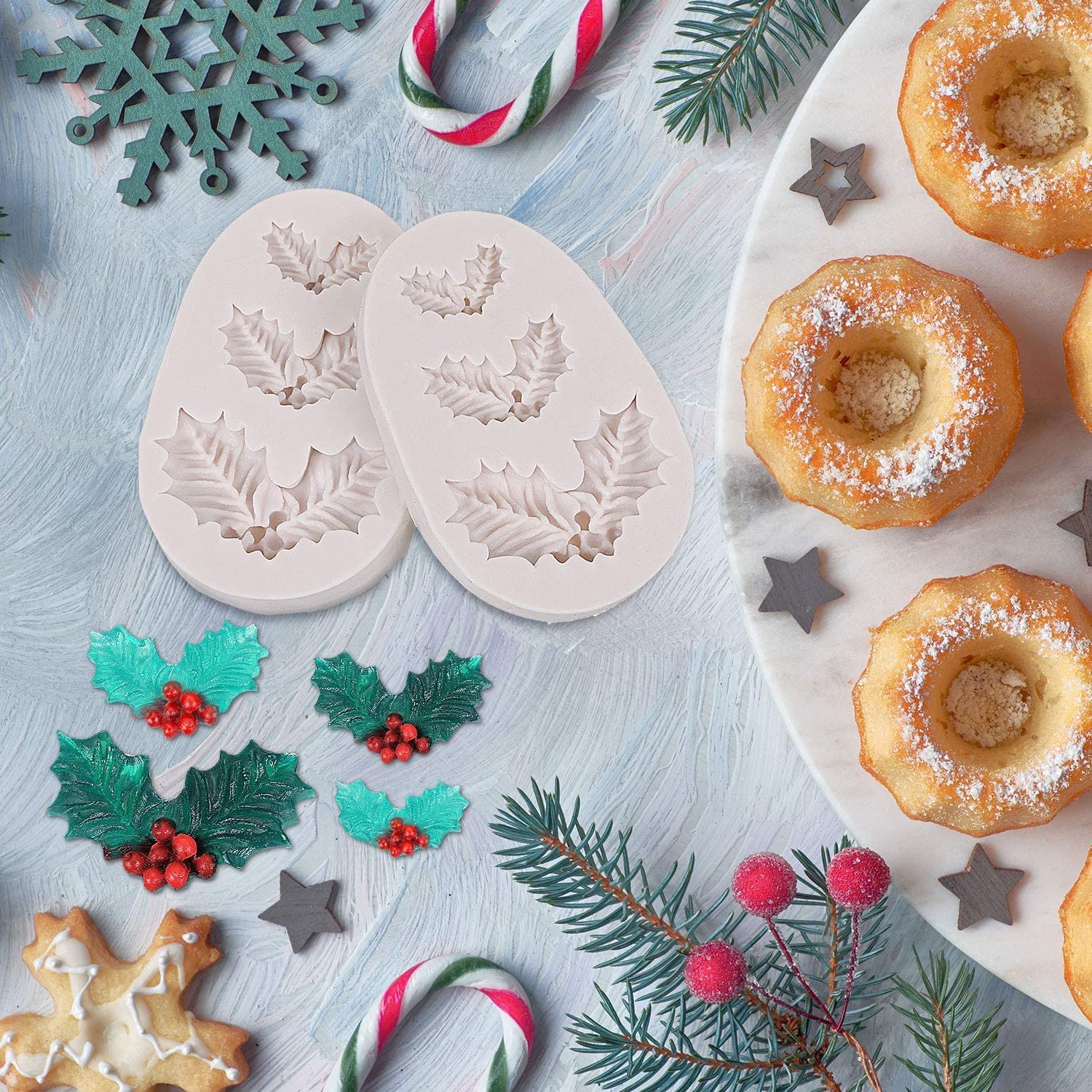 Cestony Siliconen Mallen voor Kerstmis, hulstblad en dennenappel, voor zelfgemaakte taarten, fondant, koekjes, suiker, pudding, chocolade, harde snoep, dessertdecor