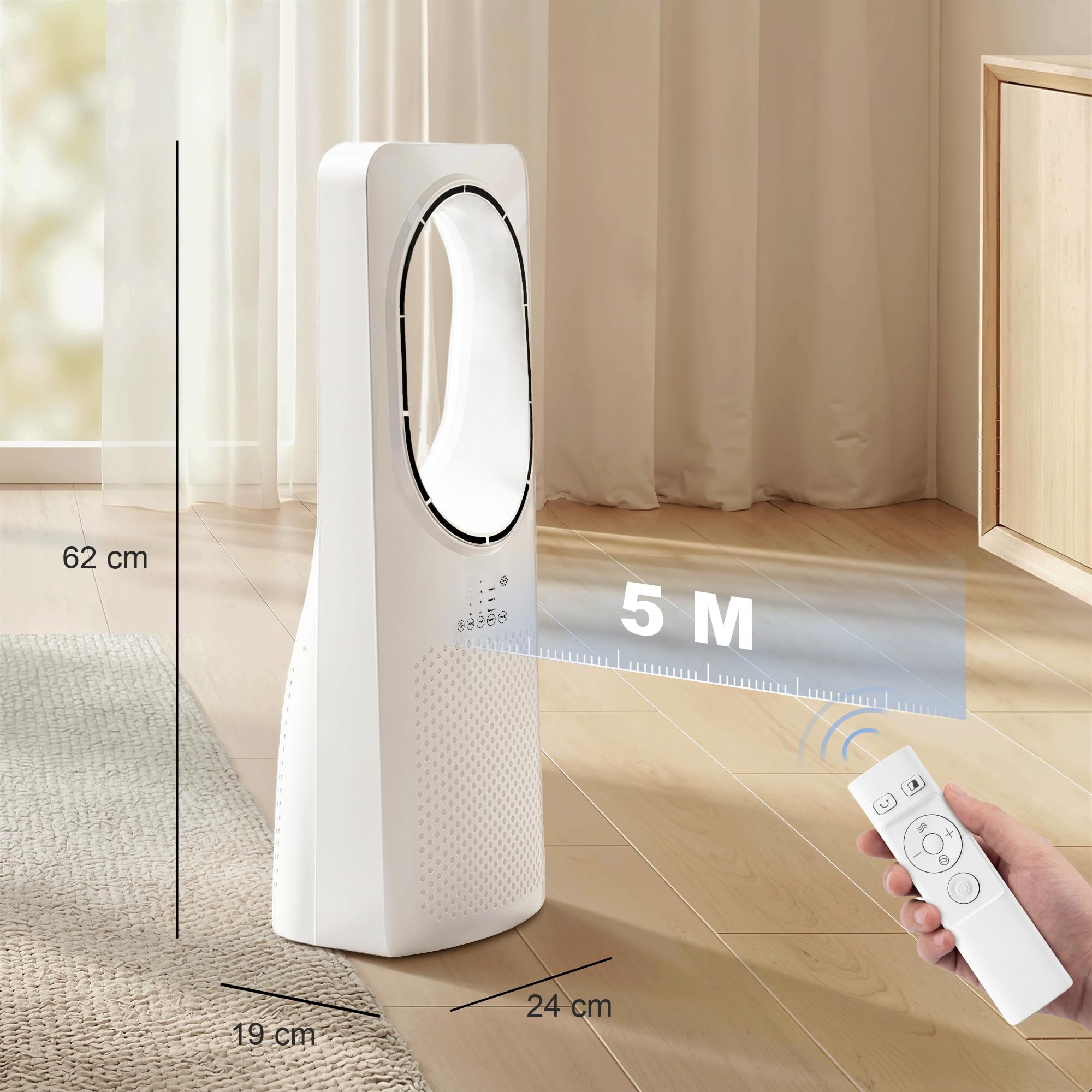 HOMCOM Ventilatore a Torre Senza Pale per Camera da Letto, Silenzioso 36dB, con Oscillazione a 45°, Luci LED, 3 Velocità, 3 Modalità, Timer 15 Ore, Telecomando, Bianco