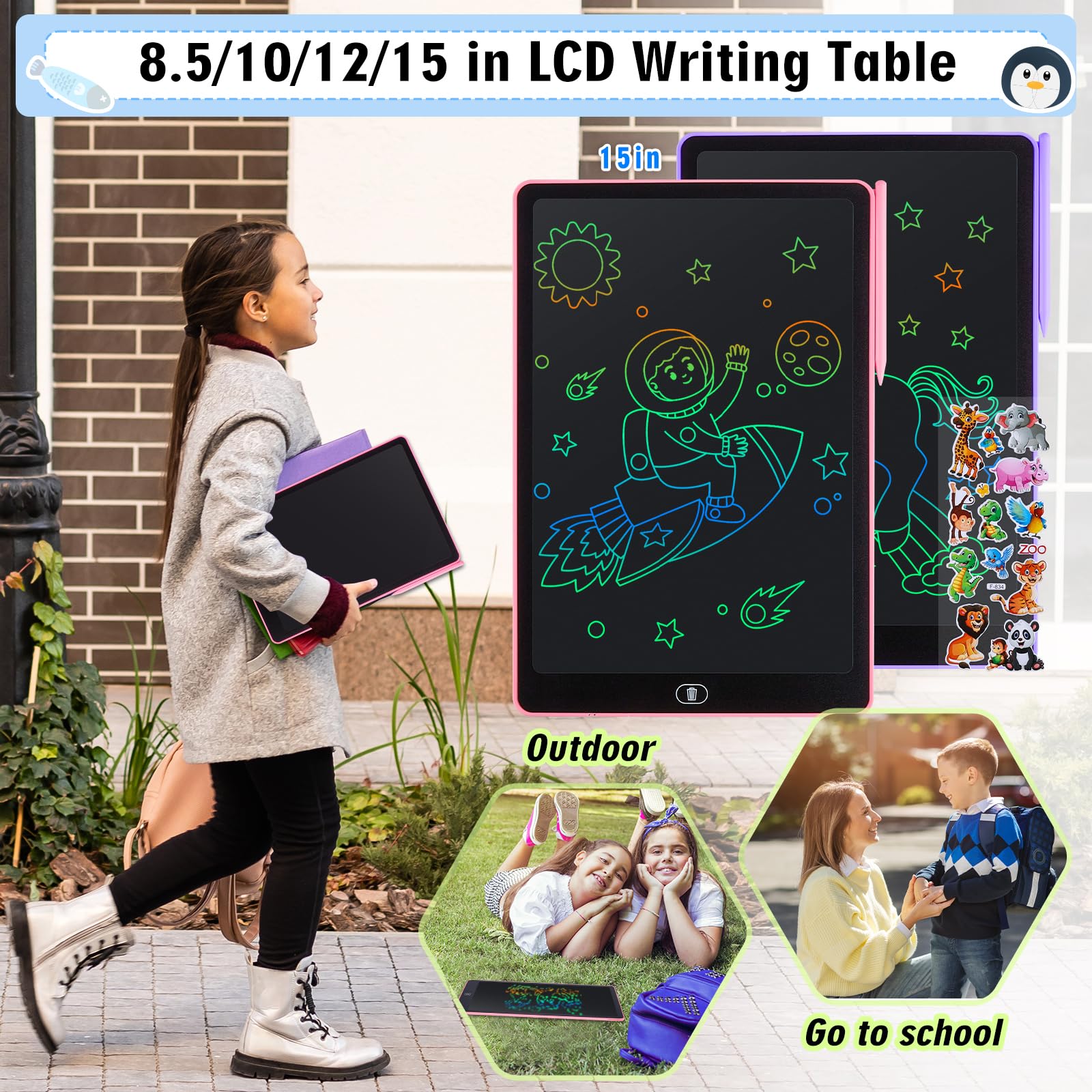 2 Pack Tablette D'écriture LCD 16 Pouces,LCD Tablette Dessin avec Ecran Coloré,Bloc D'écriture Effaçable avec des Autocollants D'animaux,pour Garçons et Filles de 3 4 5 6,Rose + Violet