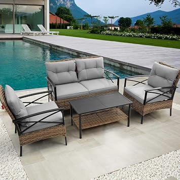 4-Piece Patio Furniture Set, Outdoor Wicker Chairs with Thick Cushions & Steel Side Table, Outdoor Patio Conversation Sets for Garden Balcony Deck Poolside, Easy Assembly Grey
