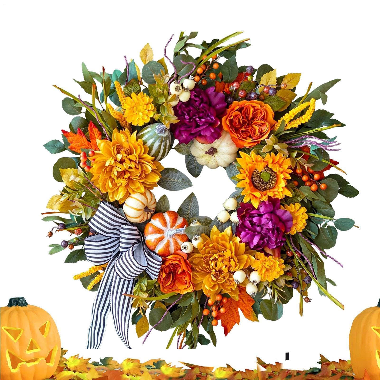 Ghirlanda autunnale, ghirlanda artificiale in ABS, schiuma con zucche e fiori