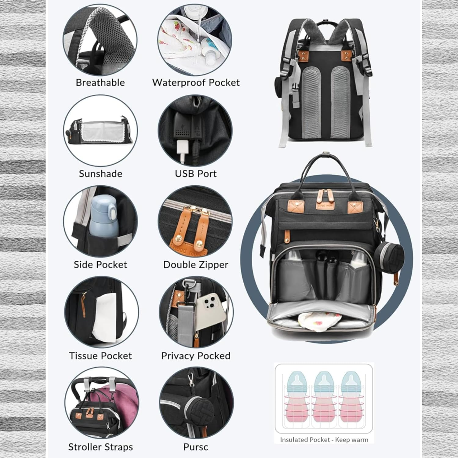 Baby Diaper Bag with Changing Station, Waterproof Diaper Bag Backpack for Mom/Dad, Baby Shower Gifts, w/USB Charging Port, Insulated Bottle Holders & Pacifier Case, XL Storage Backpack, Black