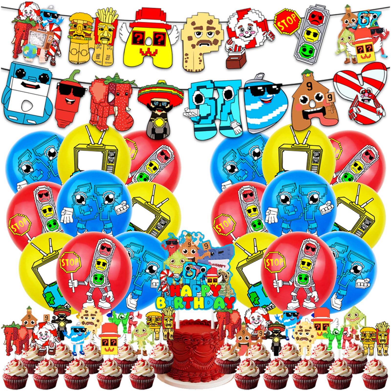 54Pcs Brainrot Birthday Decorations, Birthday Party Supplies with Banner, Big Cake Topper, Cupcake Toppers and Balloons, Brainrot Party Decor for Birthday Party, Holiday Celebration and Themed Event