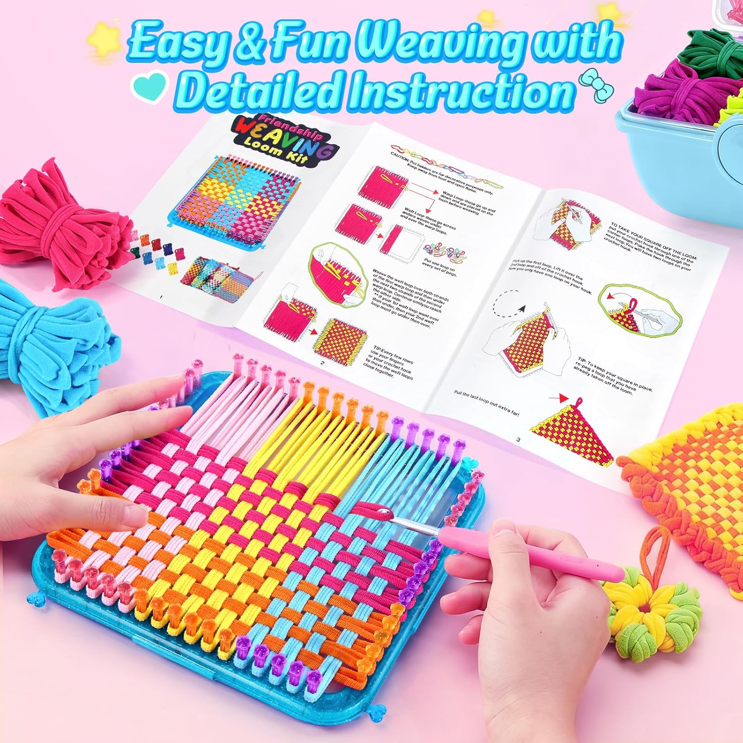 Spardar 450+PCS Weaving Loom, Arts and Crafts with Portable Storage Box, Christmas Birthday Gift, Pot Holder Loom Kit Includes 360 Craft Loops, Knitting Loom Kit for Making Handbag, Blue