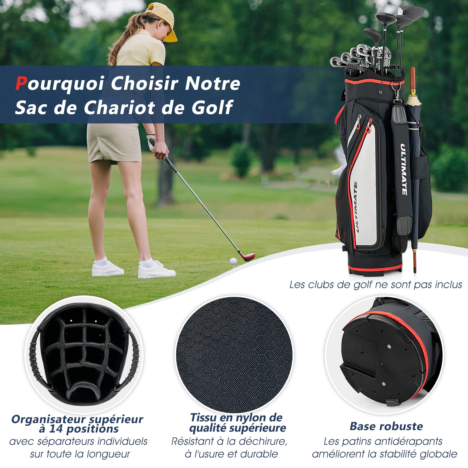 GOPLUS Sac de Chariot de Golf, Sac de Golf léger et Portable avec 14 Compartiments séparés et 8 Poches zippées, y Compris Sac Isotherme et Poches étanches (Noir)