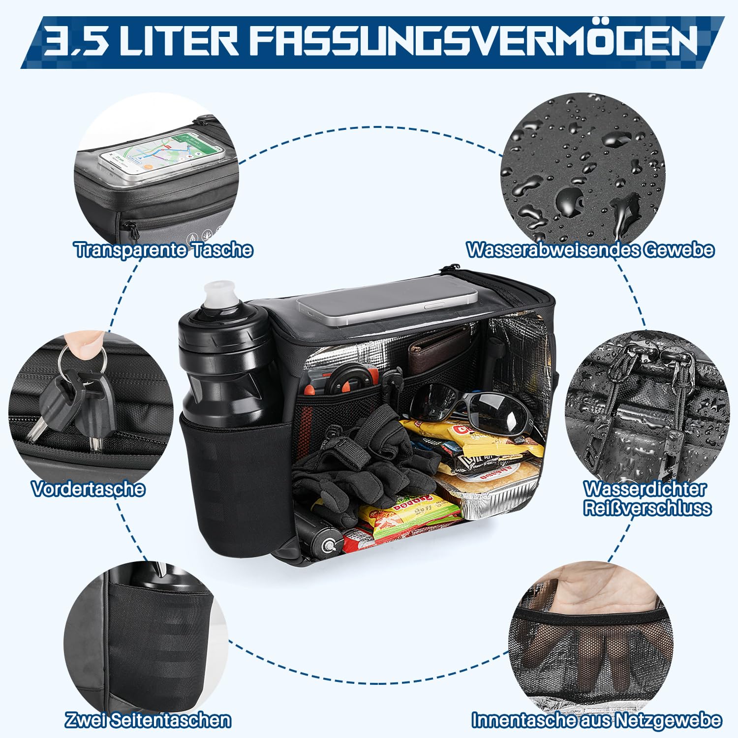 Eyein Fahrrad Lenkertasche, 3,5L Wasserabweisende Isolierte Fahrradtasche Lenker mit Regenschutz und Touch-Handytasche, Reflektierende Fahrradkorb vorne mit Schultergurt für Ebike Radsport