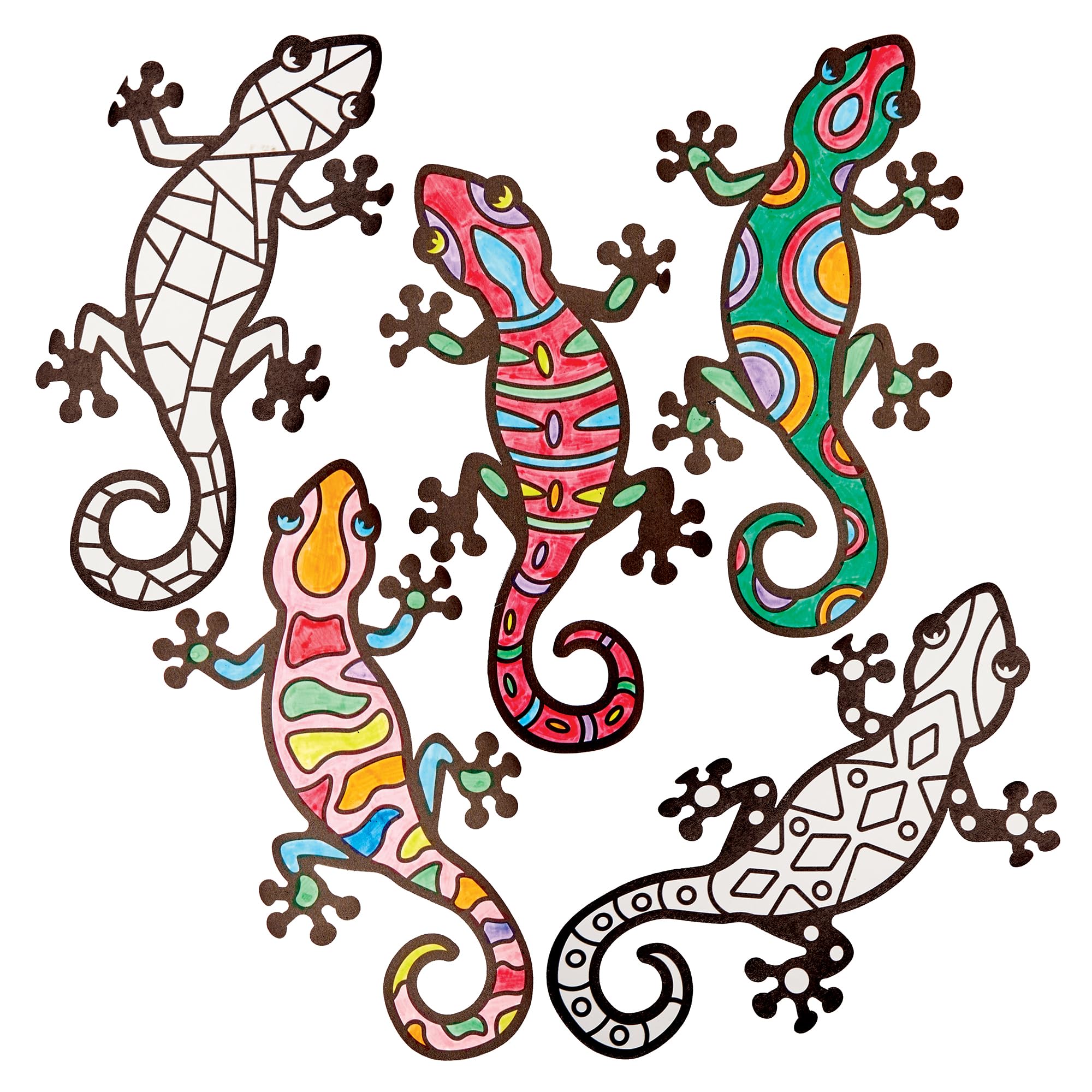 Baker Ross FN194 Gecko Lizard Colour-in Window Decorations - Pack of 15, Stained Glass Effect Kids Craft