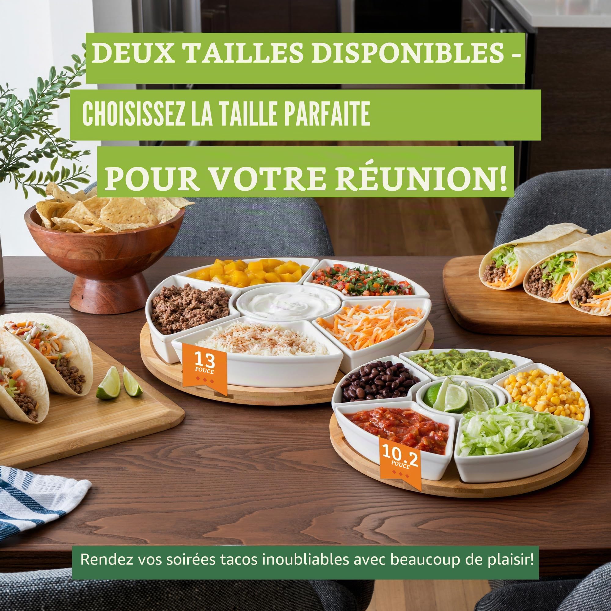 Plateau Aperitif en Céramique, Plateau Tournant Compartimenté pour Collation Tacos Lazy Susan – Ensemble Plateau de Service Apero pour Les Entrées et Desserts de fête, Salsa (33 cm)