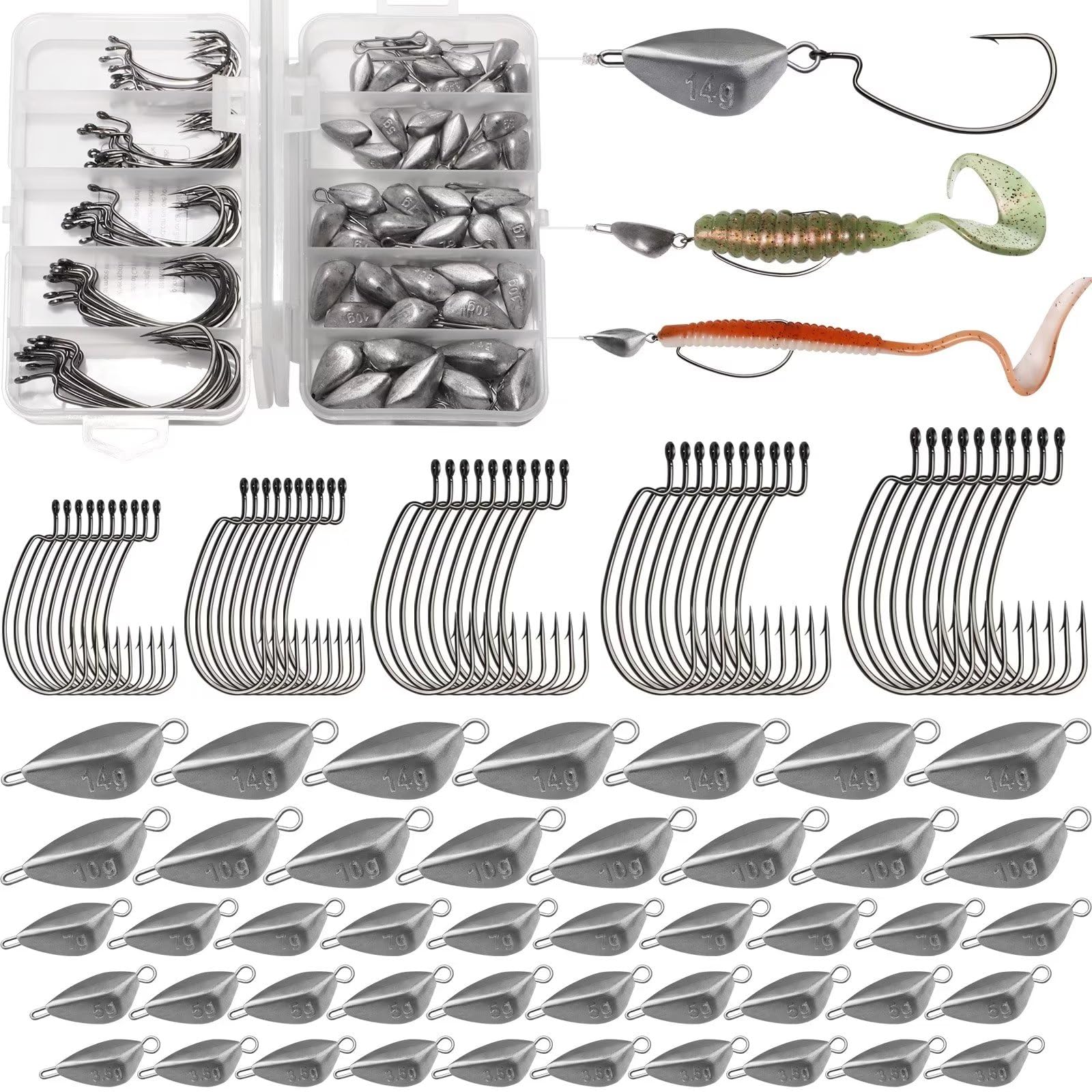 Dovesun Fishing Weights Sinkers Kit Texas Rig Hooks Fishing Weights Fishing Sinkers Swing Jig Heads Ned Rig Weights Worm Weights with 5 Size Fishing