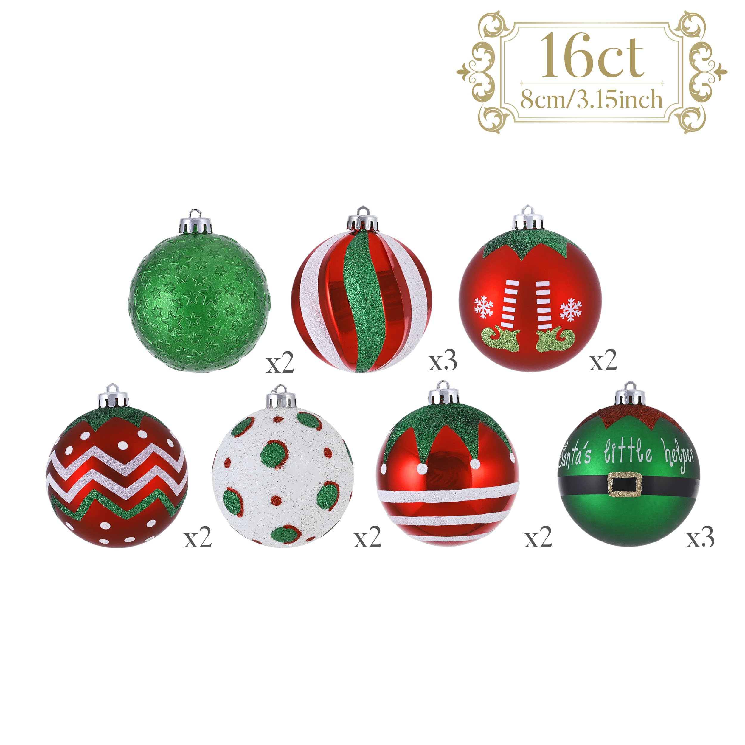 Valery Madelyn Lot de 16 Boules de Noël incassables en Forme d'elfe Rouge/Vert/Blanc 80 mm