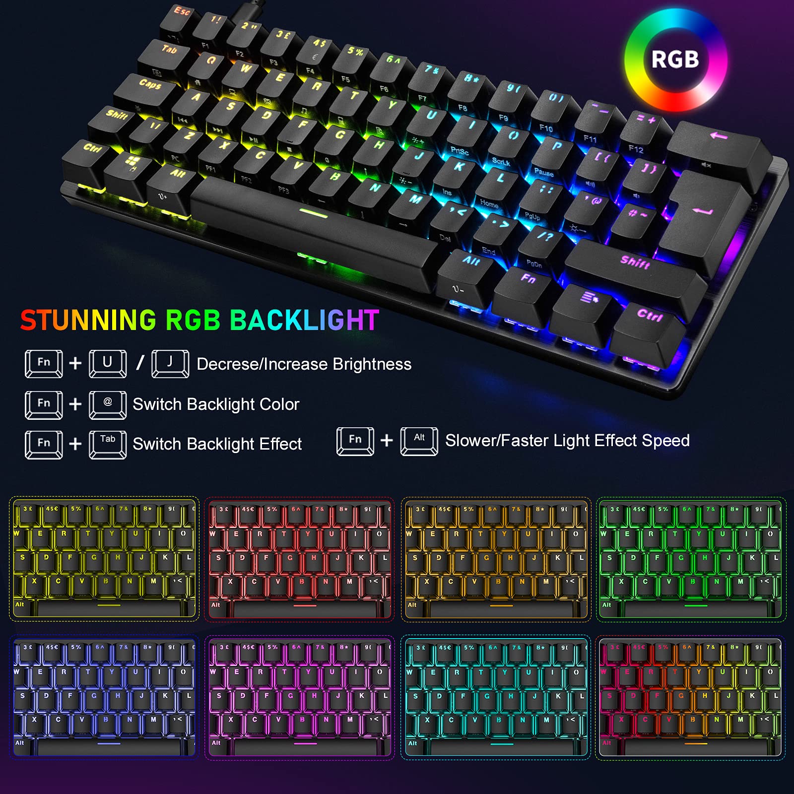 Tastiera meccanica da gioco con layout britannico RGB 14 effetti di retroilluminazione, mini 62 tasti cablato tipo C + mouse leggero RGB 6400DPI a nido d'ape + tappetino per mouse