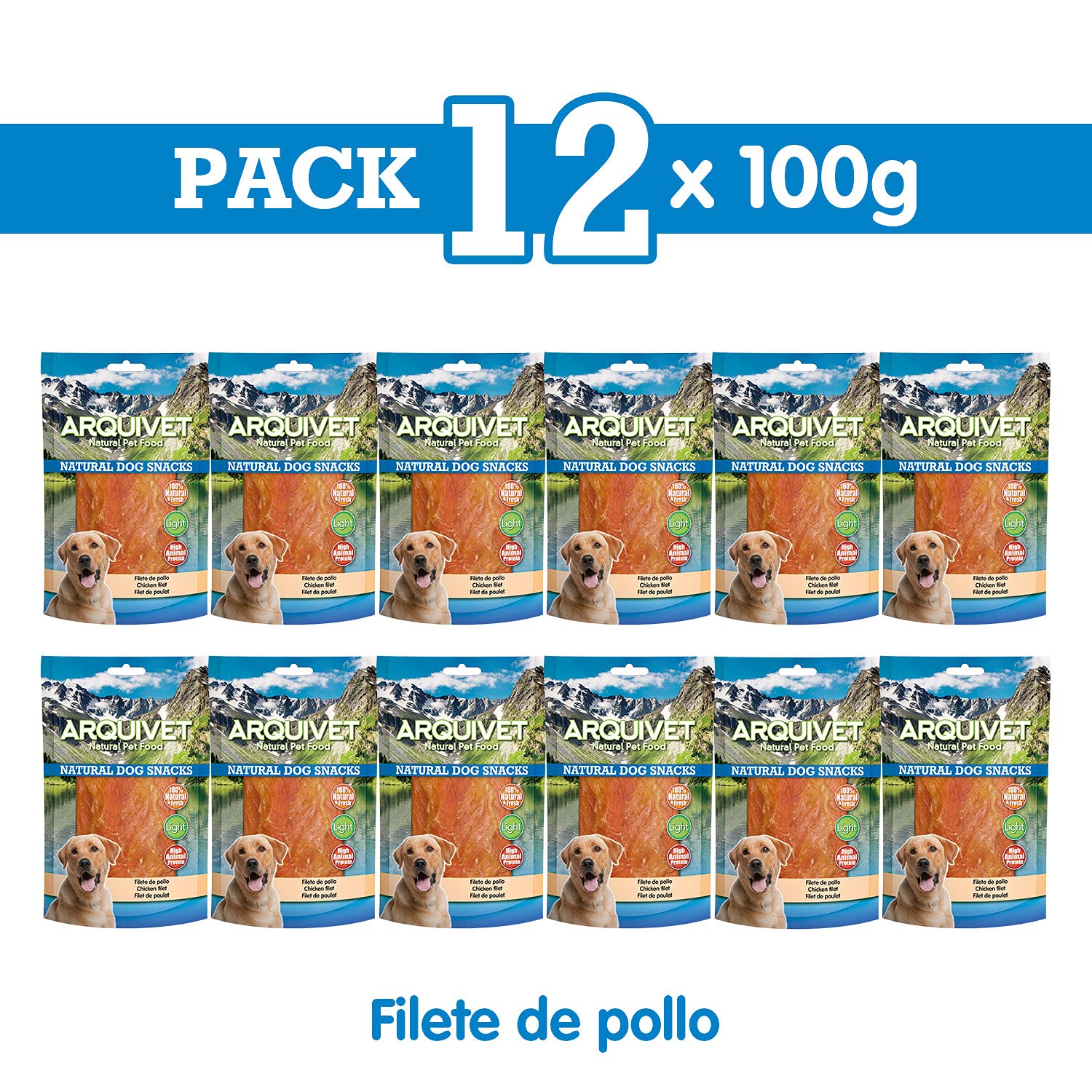 Arquivet Pack 12 Unidades Snacks Filete de Pollo 100 g - Natural Dog Snacks - 100% Natural - Chuches, premios, golosinas para Perros - Producto Light - Muy Rico en nutrientes