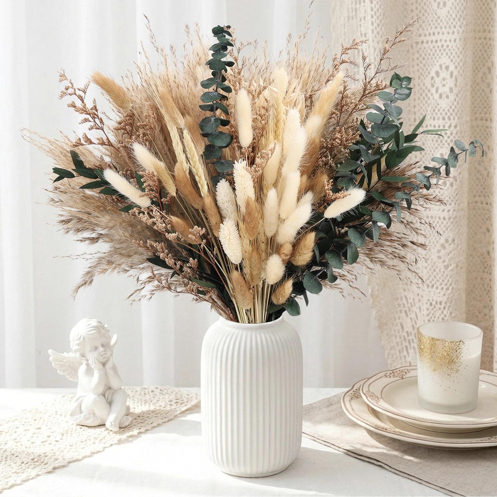 N&T NETING 110Pcs Natural Dried Pampas Grass Bouquet, Artificial Dried Flowers DIY Boho Reed Flower Decor for Home Decoration Wedding Table Living Room Decorative Summer Wreath Decoration (Green) — image 1