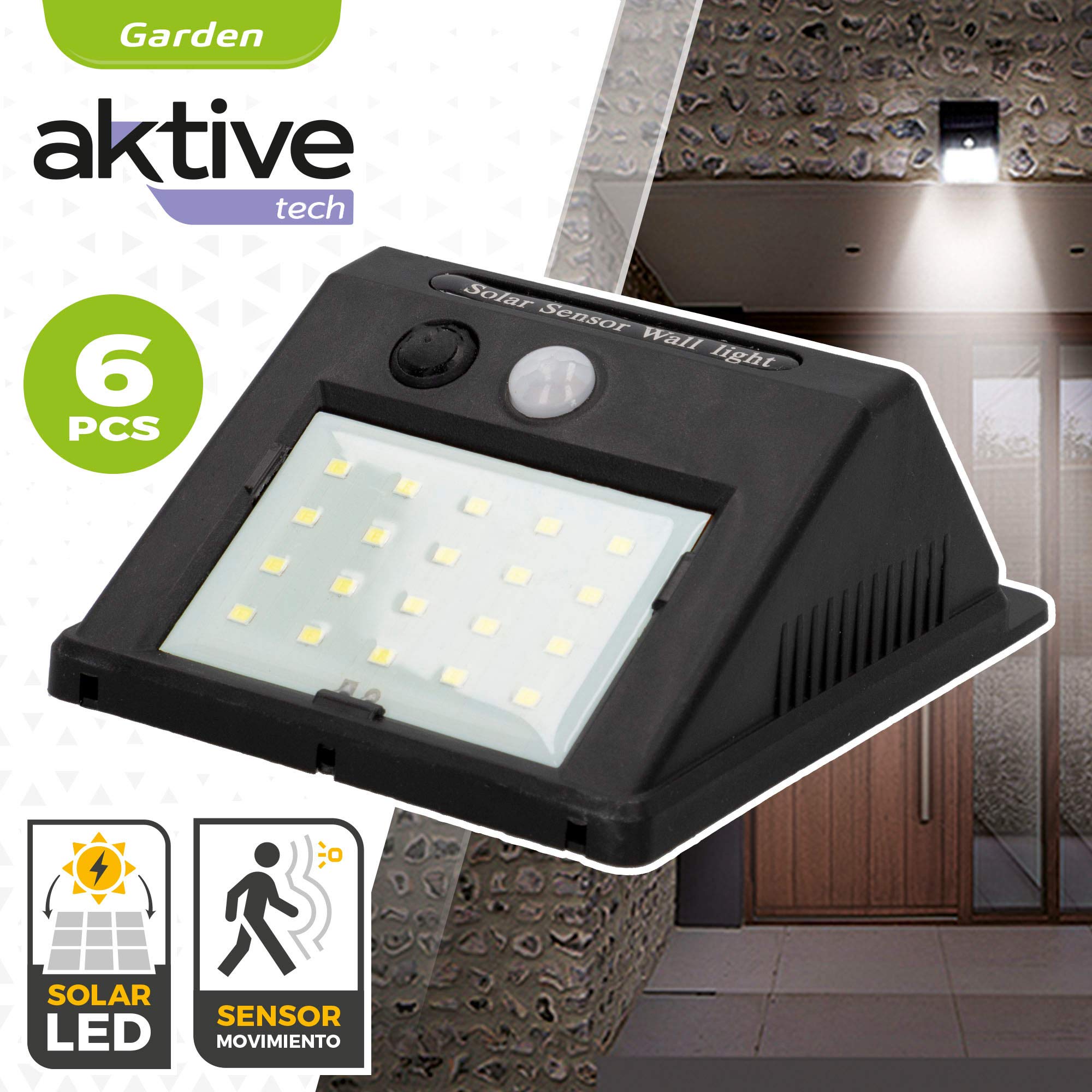 AKTIVE - Zestaw 6 świateł, Zewnętrzne lampy solarne LED, oświetlenie zewnętrzne, wodoodporne, czujnik ruchu światła, przycisk ON/OFF, zawiera 1 akumulator