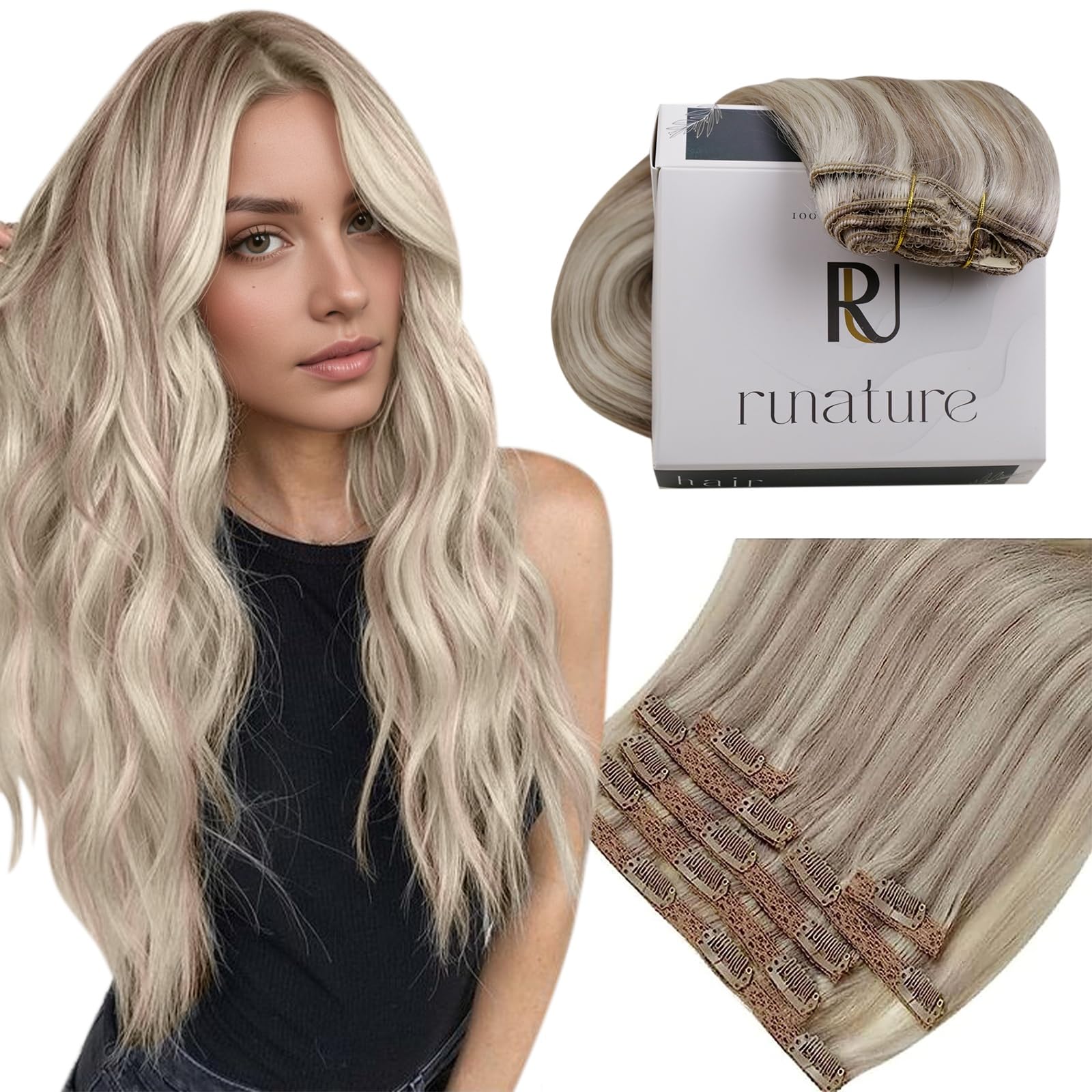 RUNATURE Real Human Hair Clip in Extensions, 18 Inch Clip in Hair Extensions, Blonde Hair Extensions Clip Ins, Natural Remy Hair, 120g 7pcs #19P60