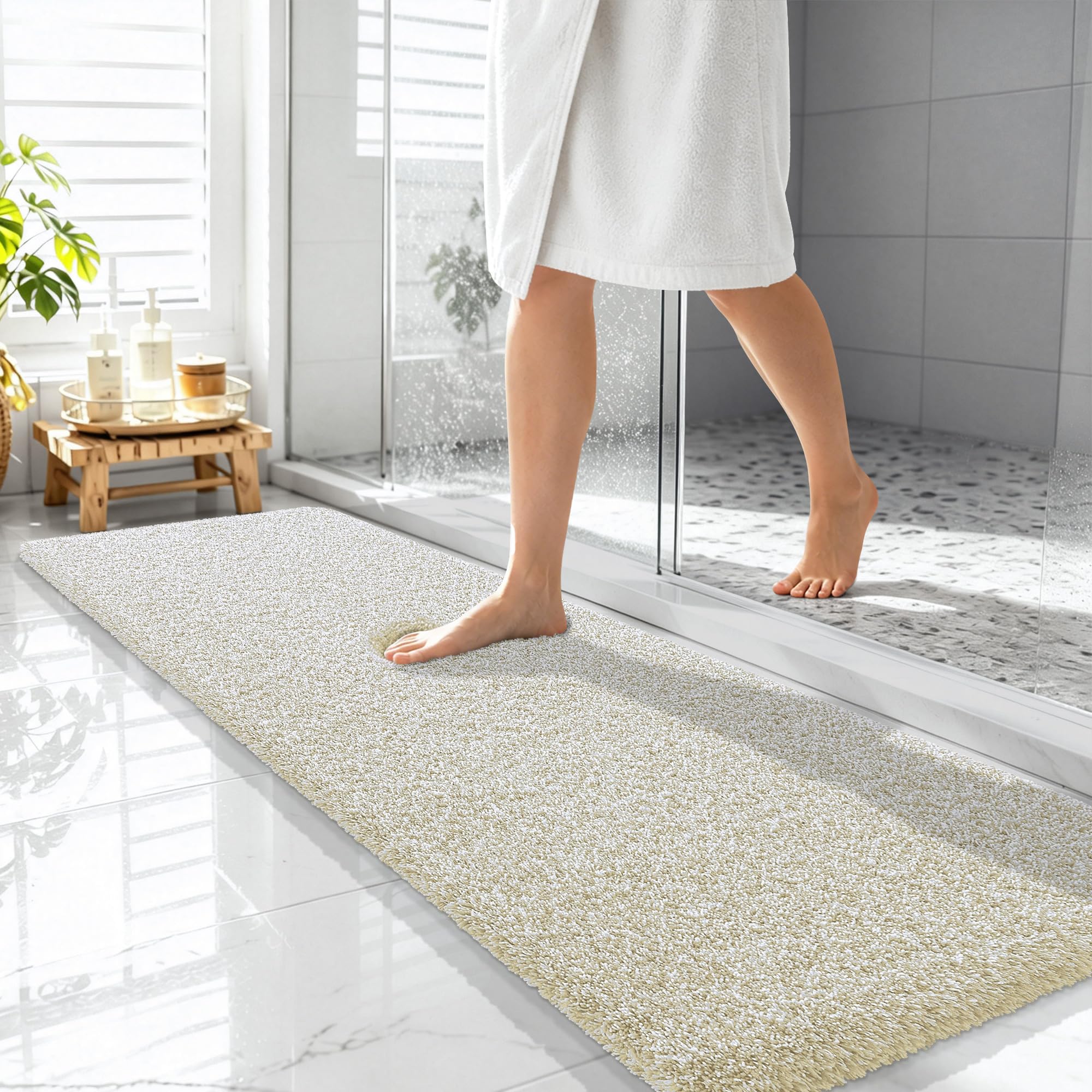 OLANLY Microfiber Bathroom Rugs 59x20, Quick Dry Bath Mat, Sand and White