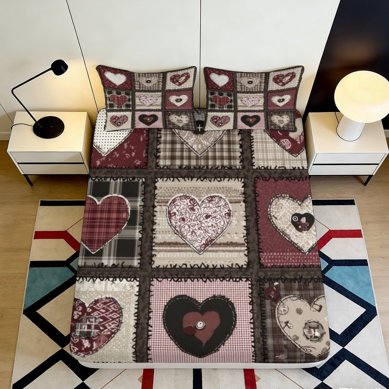3D Printed Patchwork Heart Fitted Sheet Microfiber Non-slip Soft Bed Cover for Bedroom Dorm Decor Protection 90x200x25cm