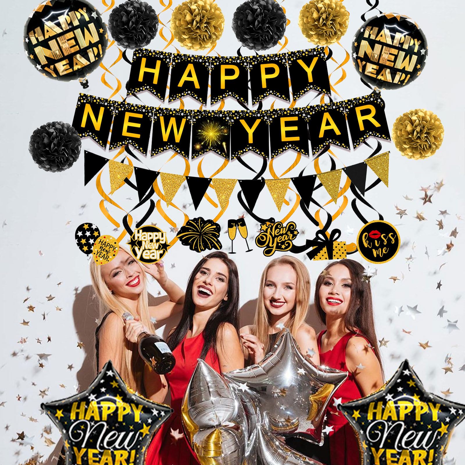 Famoby Happy New Year Paper Banner Triangle Flag Bunting Pom poms Swirls Streamers & Balloons for New year Party Decoration