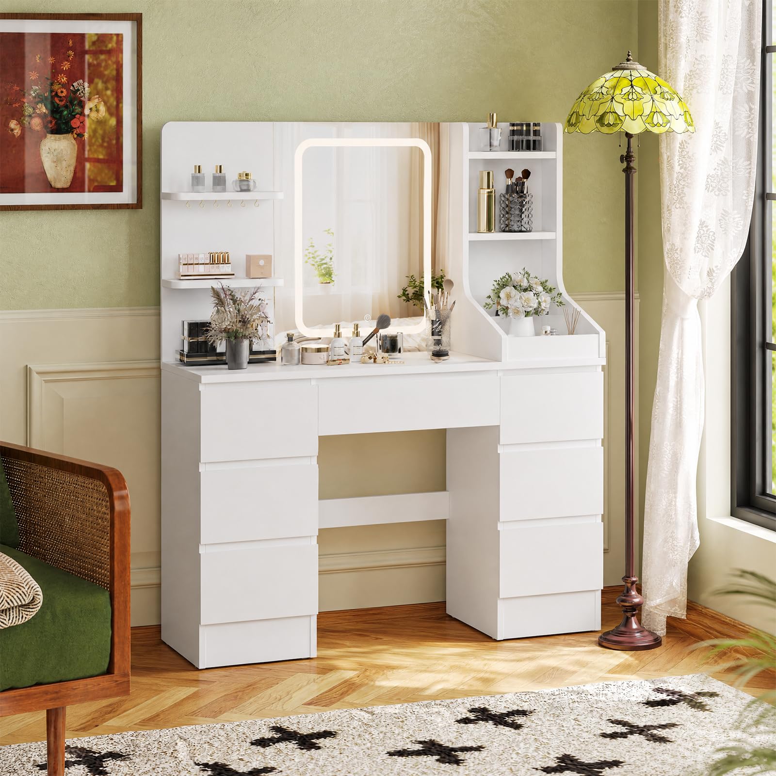 JUMMICO Dressing Table with LED Light,Adjustable Brightness,Vanity Desk with Mirror,Makeup Table with 7 Drawers for Bedroom Living Room,Modern
