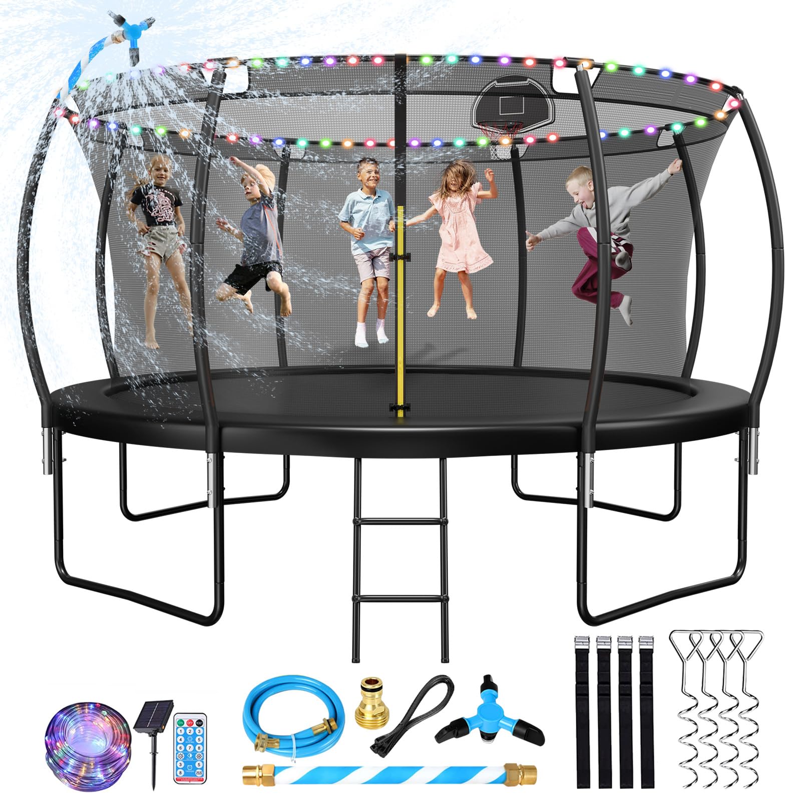 Upgrade 10 12 14 15 16 Foot Pumpkin Trampoline for Kids and Adults, Outdoor Trampolines with Curved Poles, Recreational Trampoline with Sprinkler, Stakes, Light, Basketball, Basketball Hoop