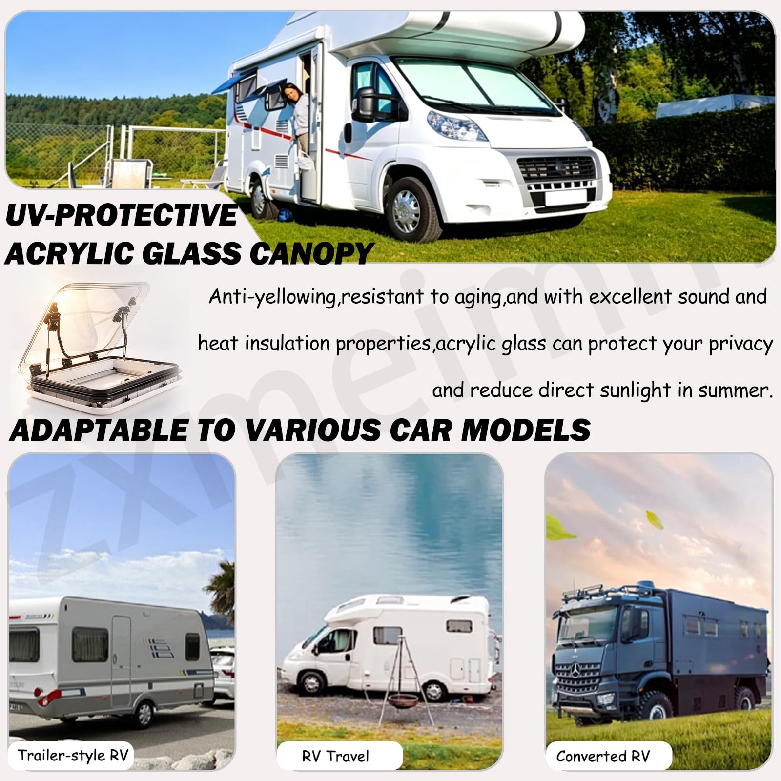 Escotilla de Techo para RV de aleación de Aluminio con Cubierta acrílica Anti-UV — Claraboya de ventilación LED para autocaravanas, Campers, caravanas y vehículos modificados 96 * 65cm