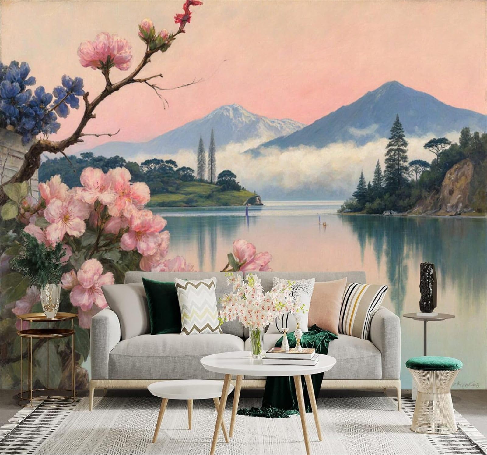 XLMING Cherry Blossoms Lakes Mountains Pink Sky Reflections 3D Wallpaper Premium Textured Silk Study Dining Living Room Bedroom Sofa TV Wall Easy Install-430cm×300cm