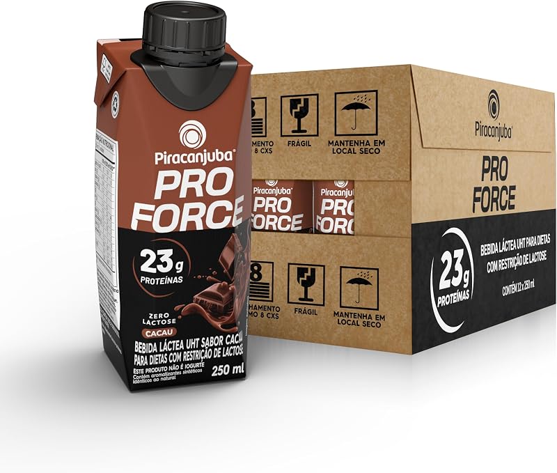 Piracanjuba ProForce Bebida Proteica Líquida Sabor Cacau Zero Lactose 23g Proteínas, Caixa 250ml – Pack com 12 Unidades
